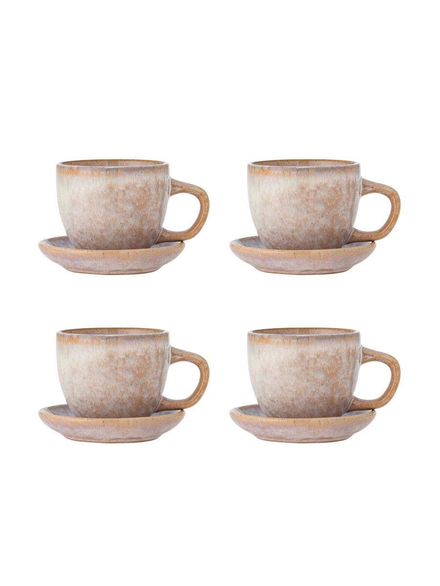 
Handgefertigte Tasse „Brenta“ mit Untertasse, 4er-Set - Rosatöne