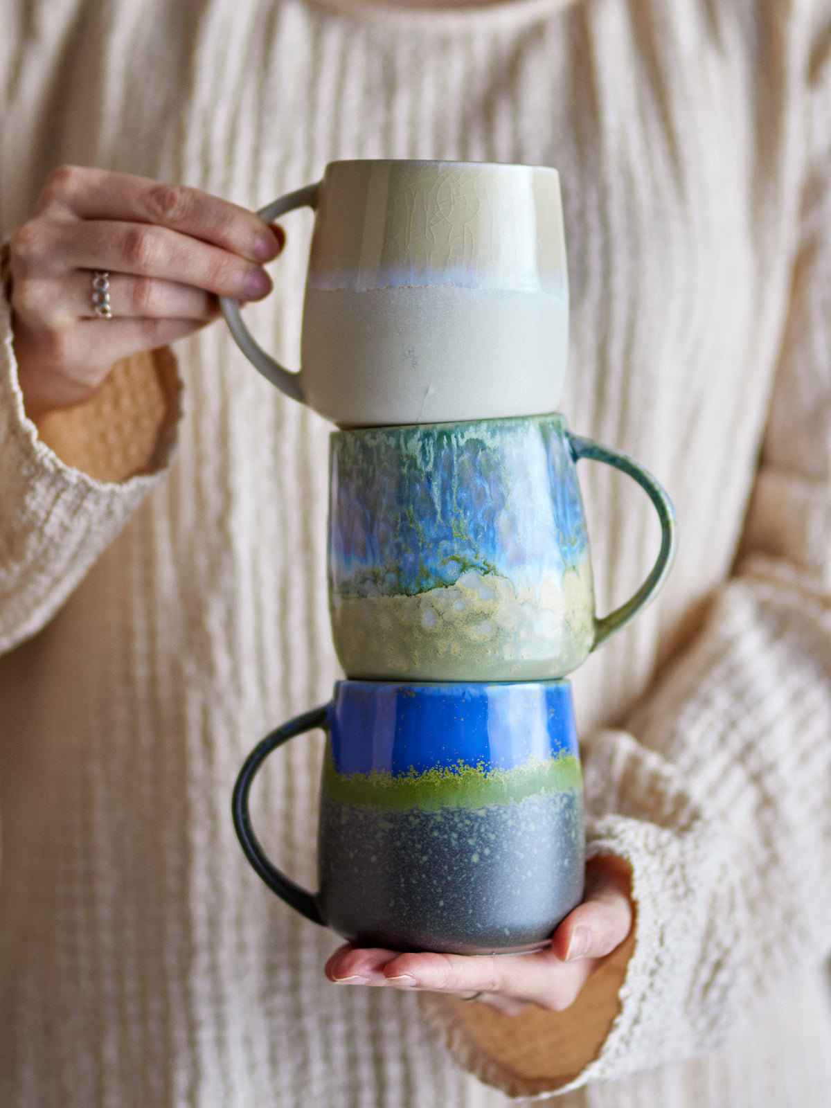 
Handgefertigter Becher „Cleo“, 3er-Set - Multicolor Blau