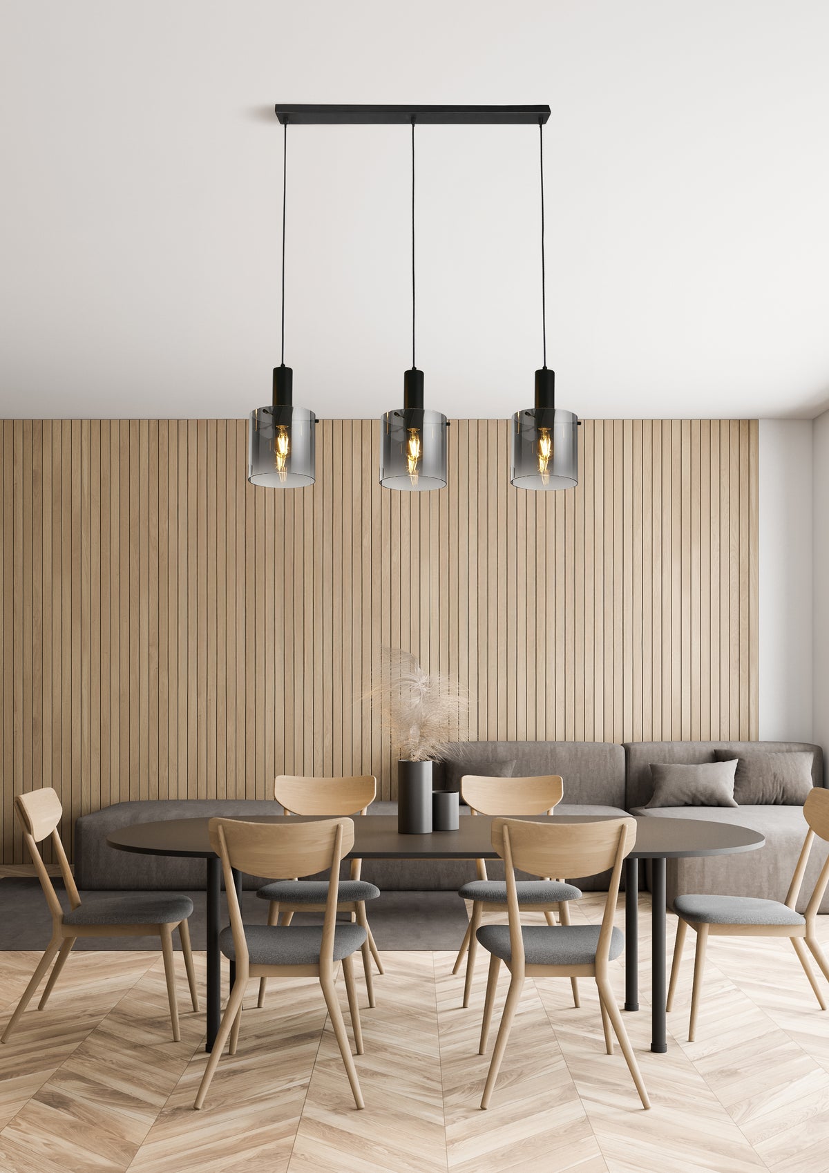 
Lineare Design Pendellampe „Sweden“, 3-Flammig - Matt Schwarz, Rauchglas