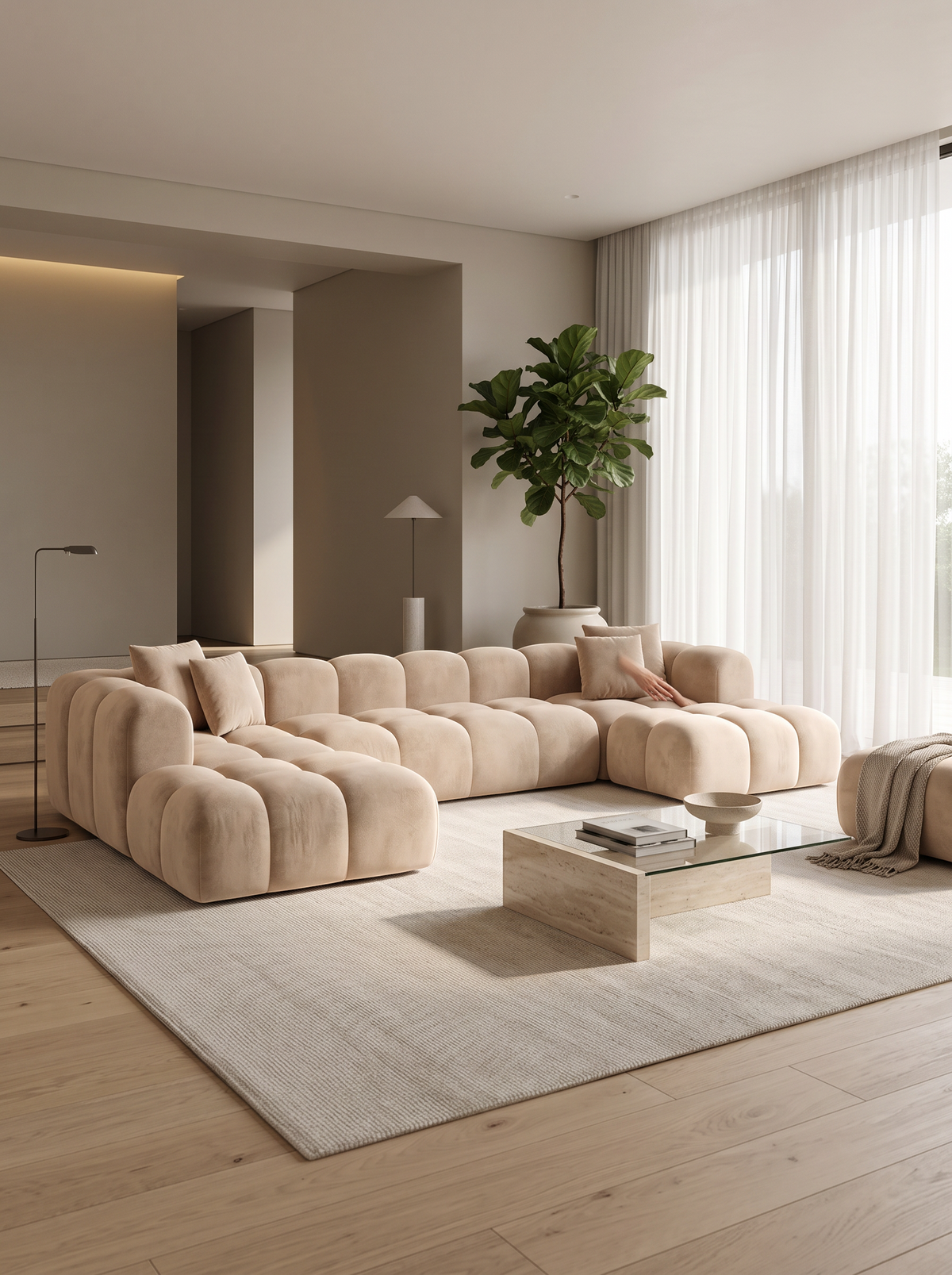 
Divano panoramico di design a 7 posti «Alba Lounge XXL» con rivestimento in velluto - Rivestimento in velluto Beige / Lato lungo a sinistra