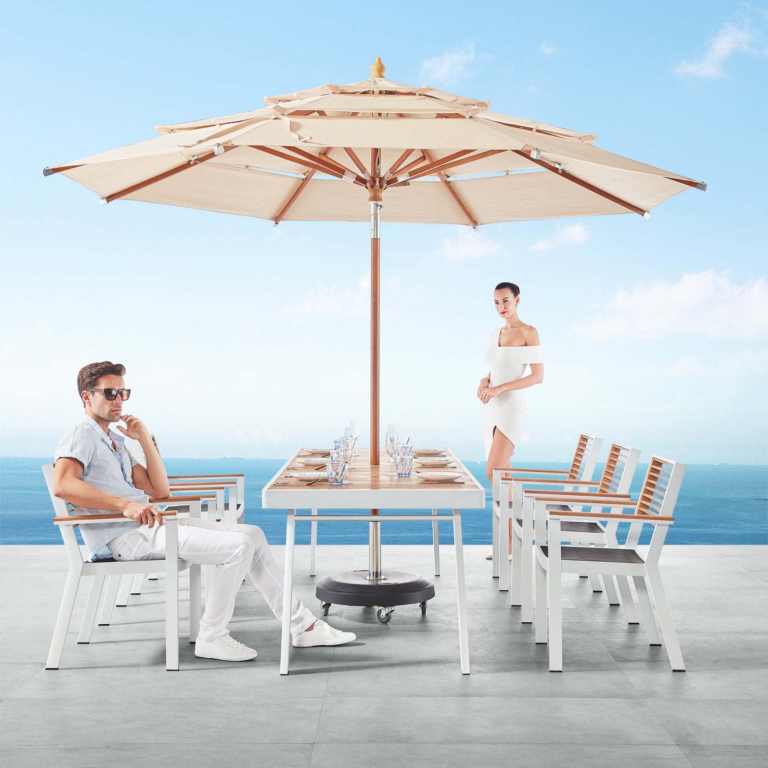 
Ensemble repas de jardin haut de gamme « York » 6+1 - Blanc