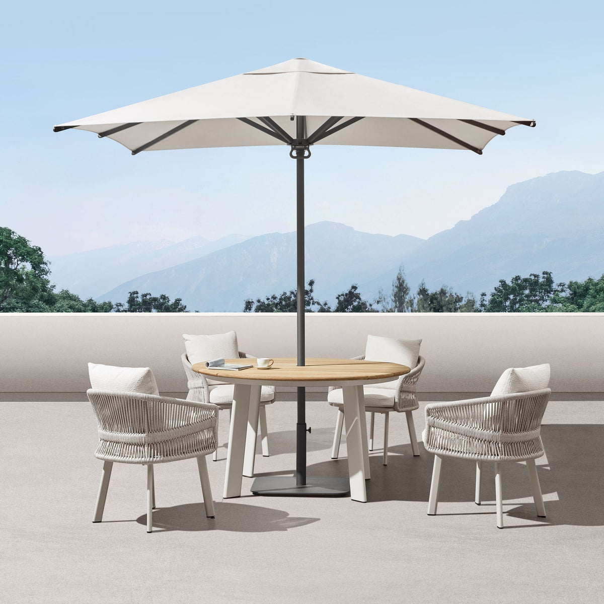 
Premium Outdoor Dining-Set „Aio“ 4+1 - Taupe/Ecru