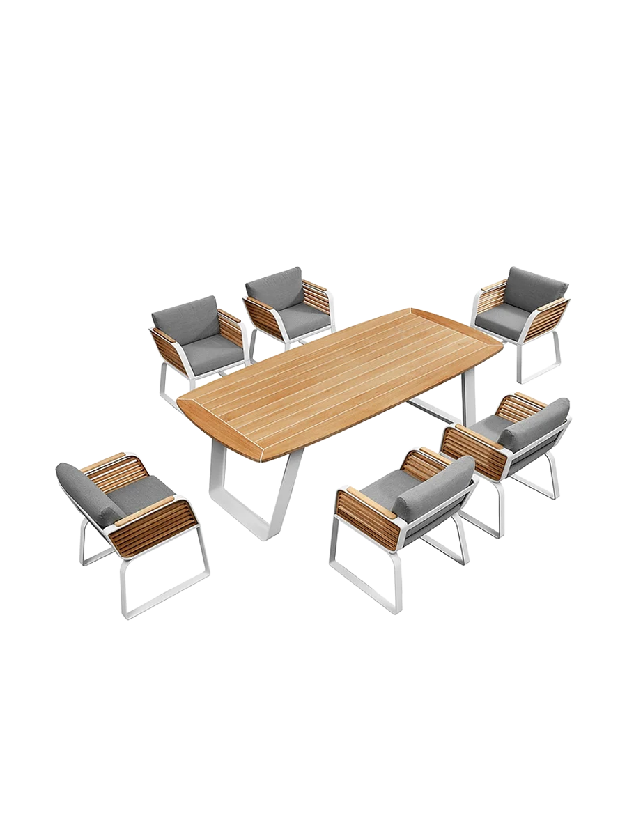 
Ensemble de repas extérieur premium « Wing » 6+1 - Structure : Blanc, Revêtement : Gris clair