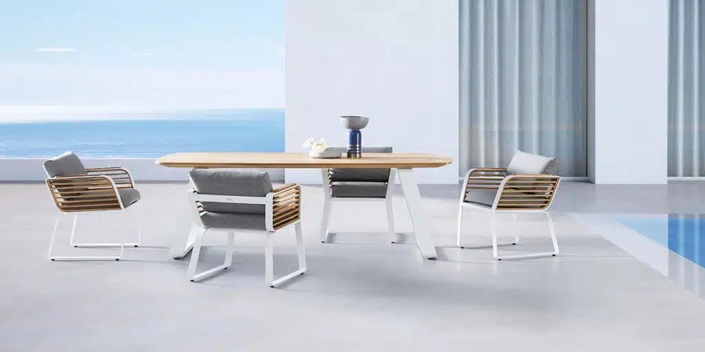 
Ensemble de repas extérieur premium « Wing » 6+1 - Structure : Blanc, Revêtement : Gris clair