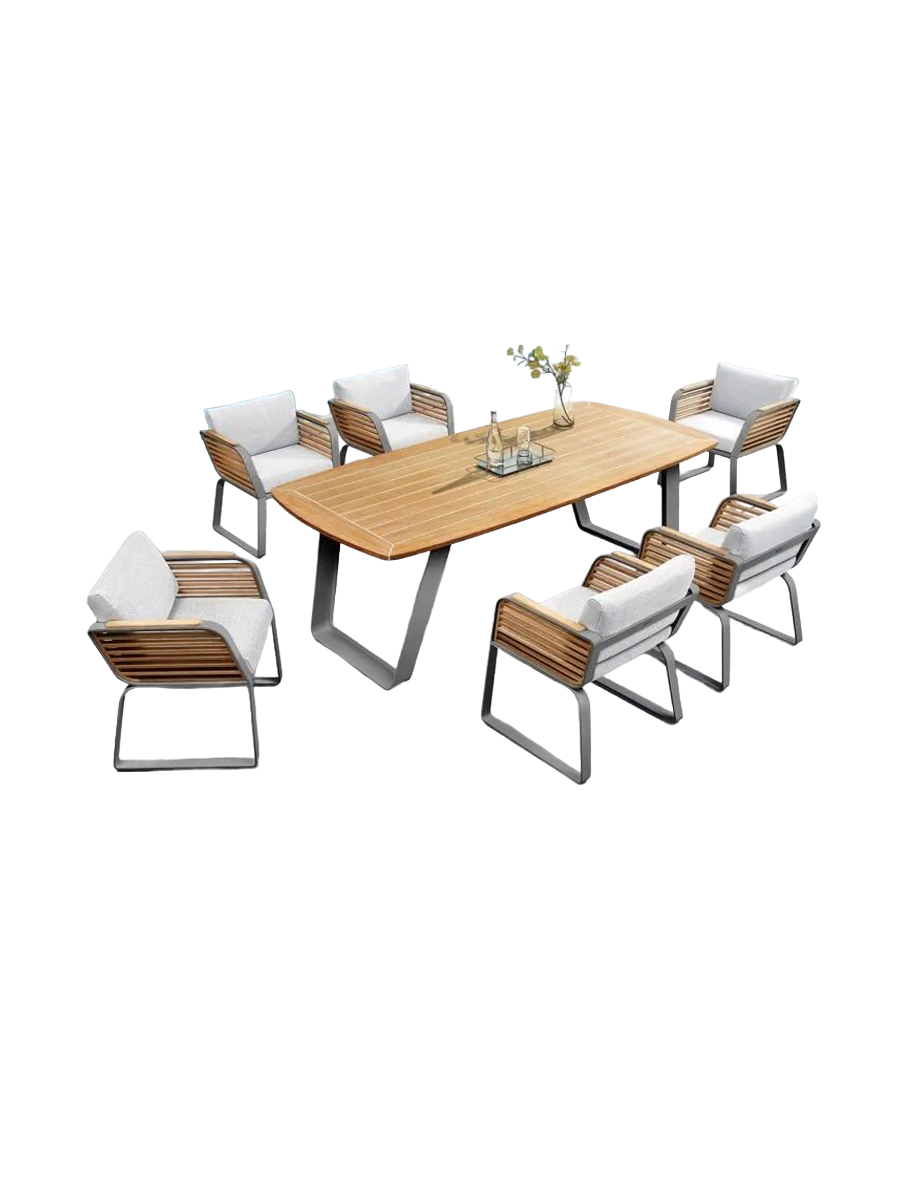 
Ensemble de repas extérieur premium « Wing » 6+1 - Cadre : Gris clair, revêtement : Blanc