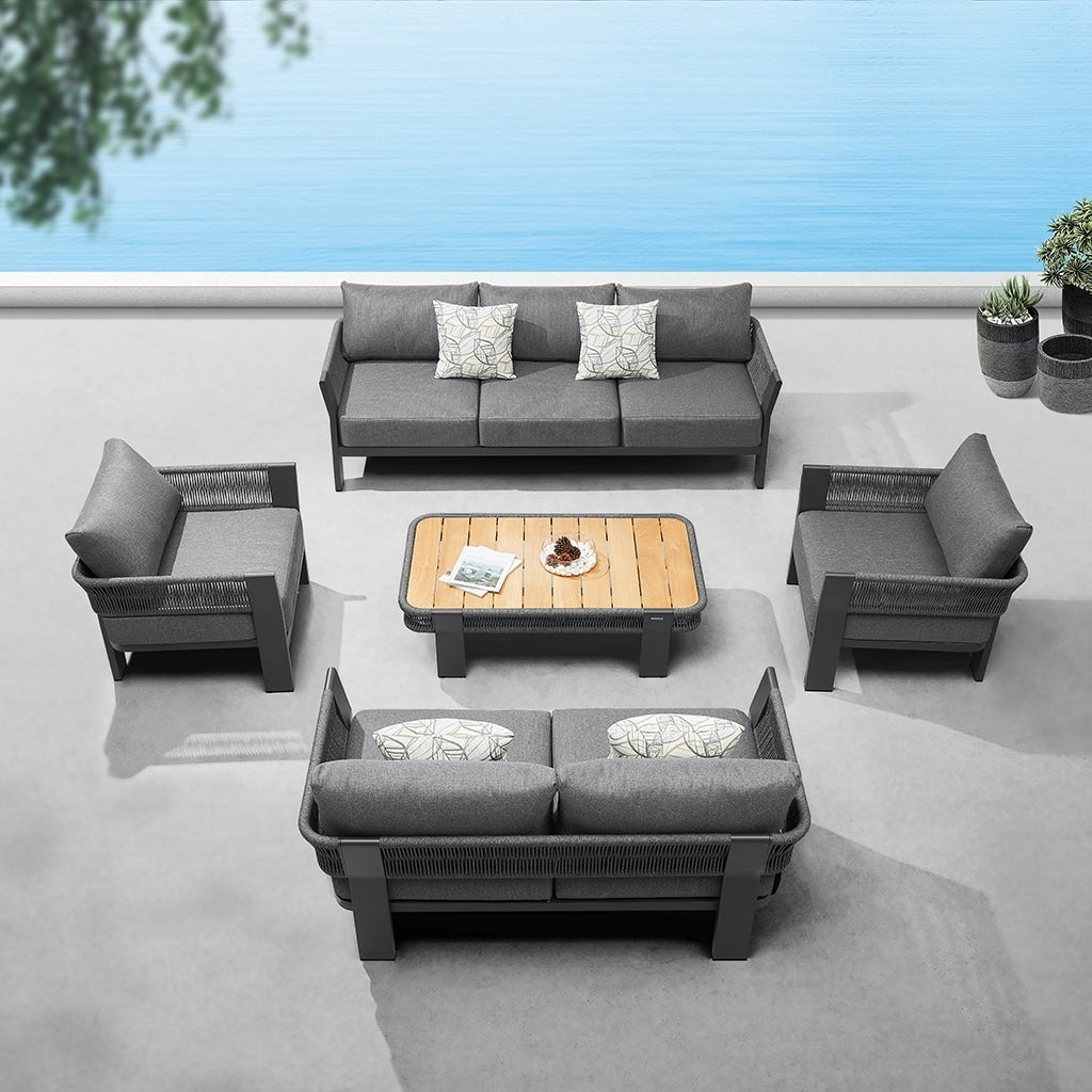 
Ensemble de salon de jardin premium 4 pièces « Borromeo » - 5 places - Noir/Gris