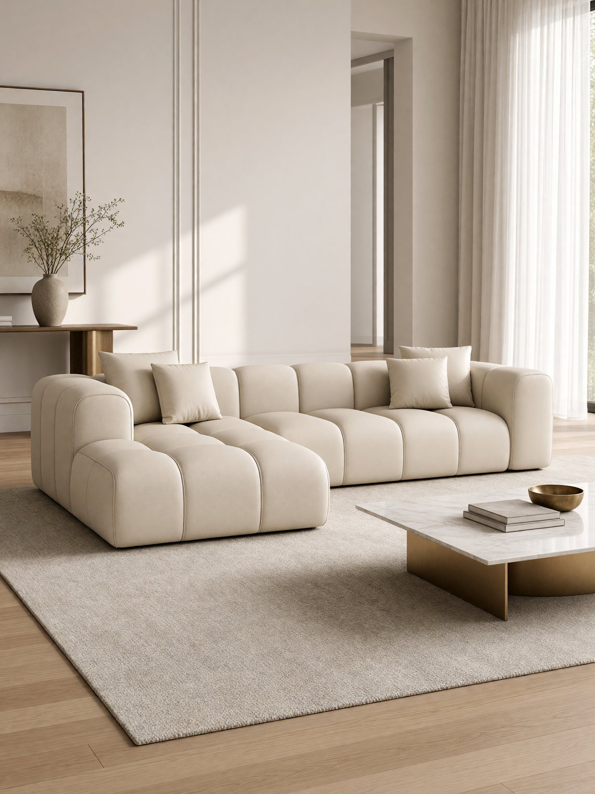 
4-Sitzer Design Echtleder Ecksofa „Alba“ - Echtleder Beige / Eckteil links
