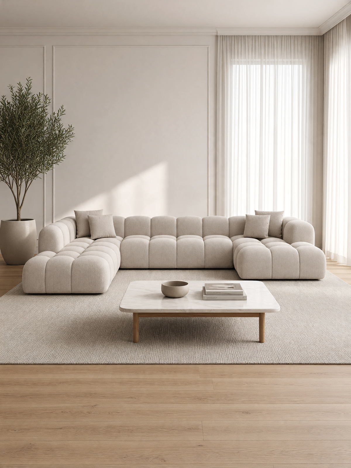 
Divano panoramico di design a 7 posti “Alba Lounge XXL” con rivestimento in tessuto strutturato - Tessuto strutturato Beige / Lato lungo a sinistra