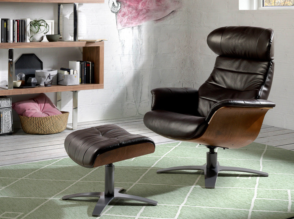 
Fauteuil relax en cuir véritable pivotant « Oslo » - Noir et marron / Avec repose-pieds