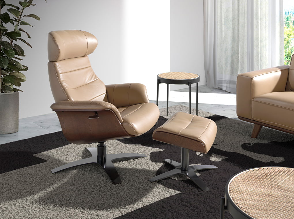 
Fauteuil relax en cuir véritable pivotant « Oslo » - Beige / Avec repose-pieds