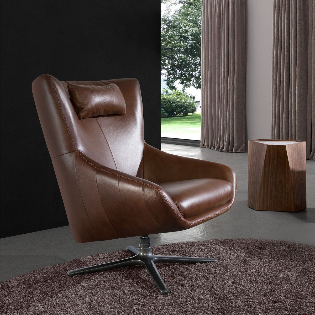 
Poltrona girevole di design in vera pelle “Olivier” - Braun