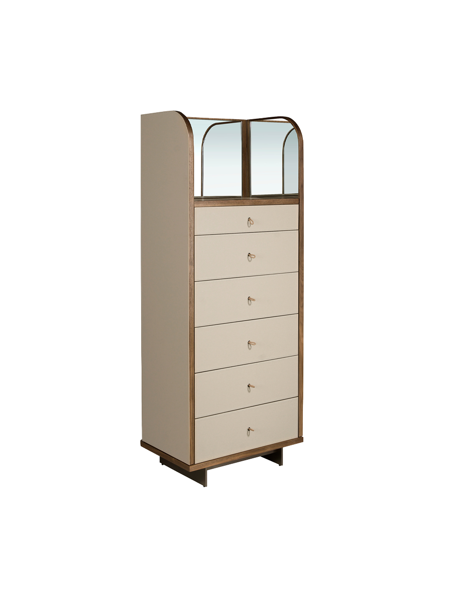 
"Cinderella" Designer Chest of Drawers with Integrated, Fold-Out Mirror