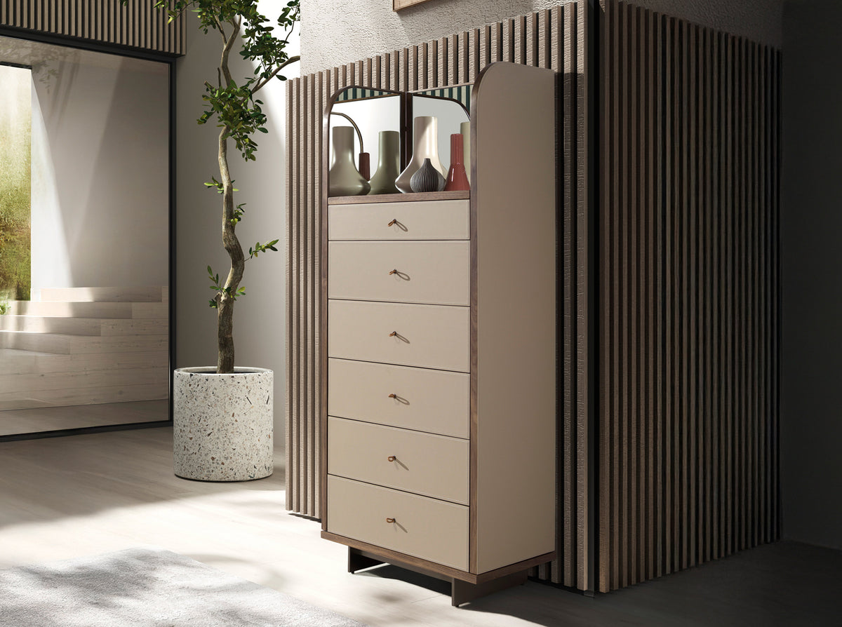 
"Cinderella" Designer Chest of Drawers with Integrated, Fold-Out Mirror