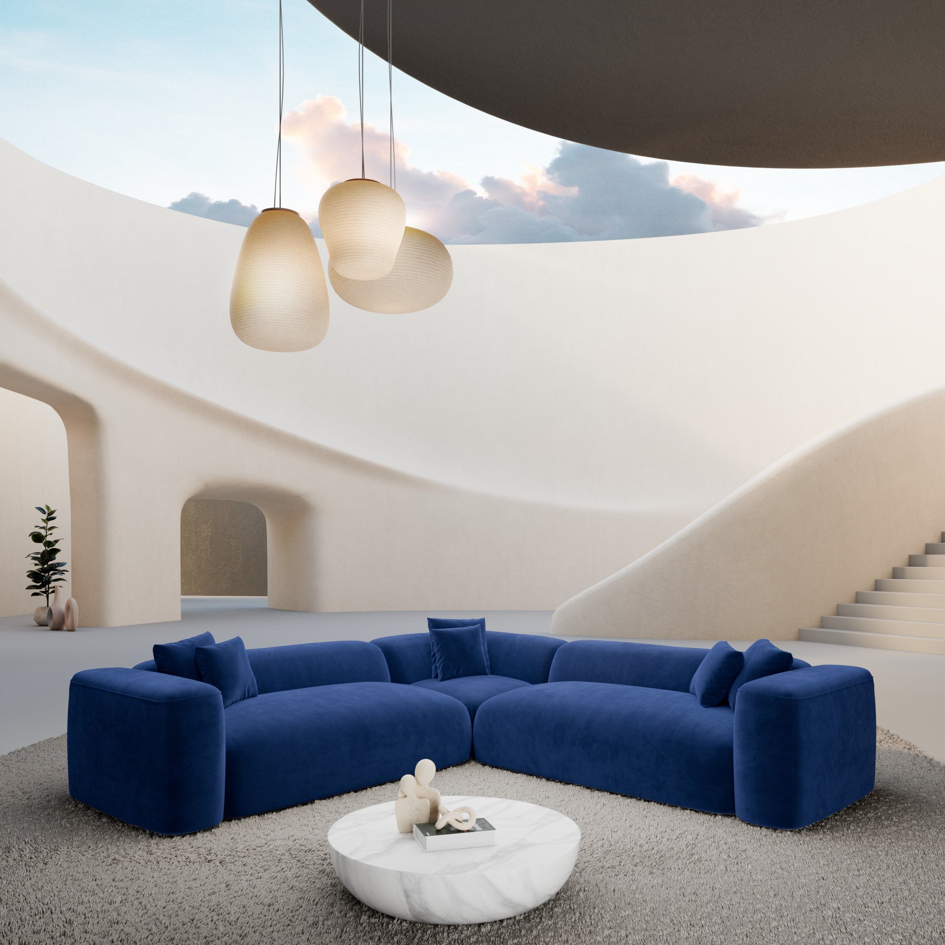 
5-Sitzer Design Ecksofa „CLevante“ mit Samtbezug - Samtbezug Königsblau