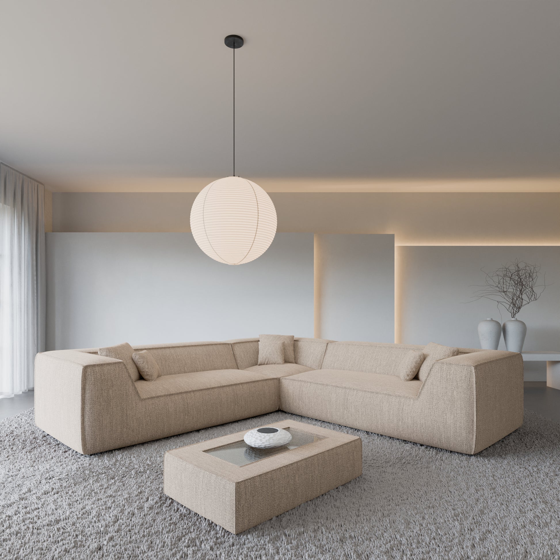
5-Sitzer Design Ecksofa „Lorenza“ mit Strukturstoff-Bezug - Strukturstoff Beige