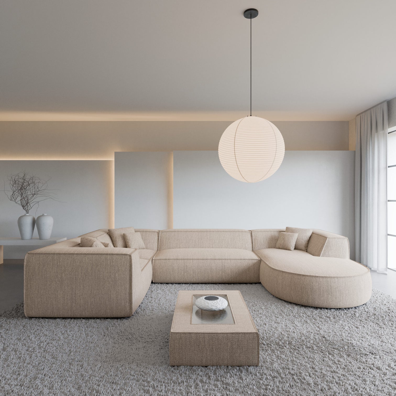 
Canapé panoramique design 6 places « Lorenza XL » avec revêtement en tissu structuré - Tissu texturé Beige / Côté long gauche