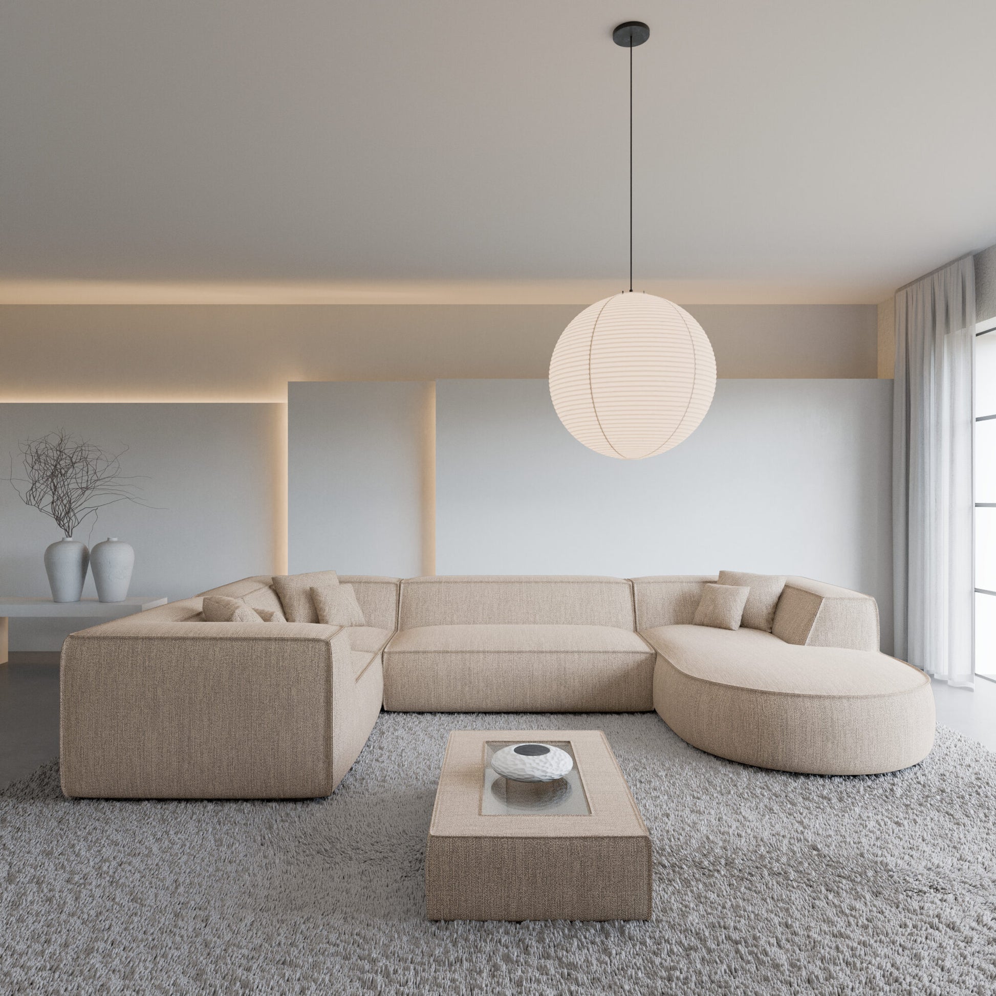 
6-Sitzer Design Panorama-Sofa „Lorenza XL“ mit Strukturstoff-Bezug - Strukturstoff Beige / Lange Seite links