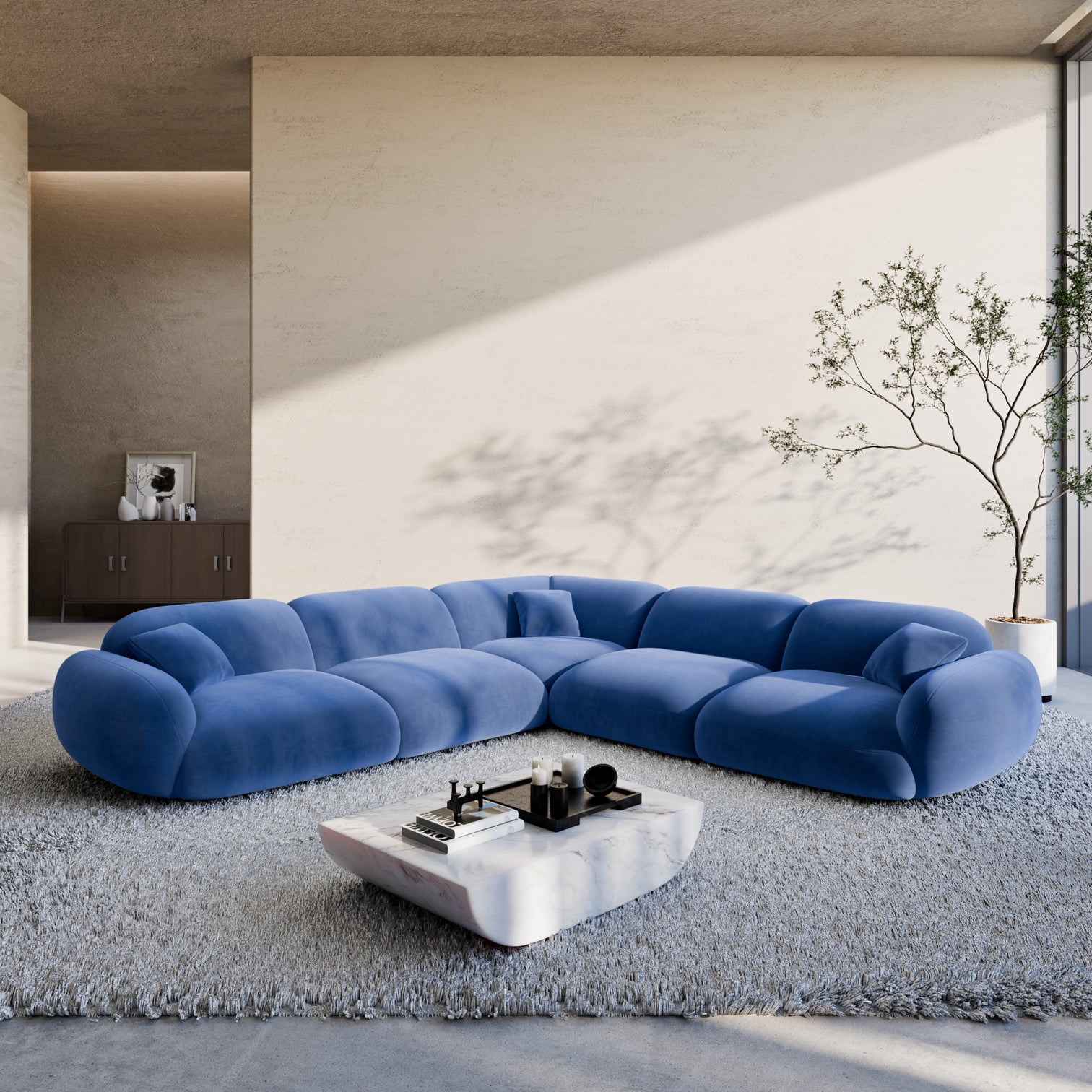 
5-Sitzer Design Ecksofa „Alma“ mit Samtbezug - Samtbezug Königsblau