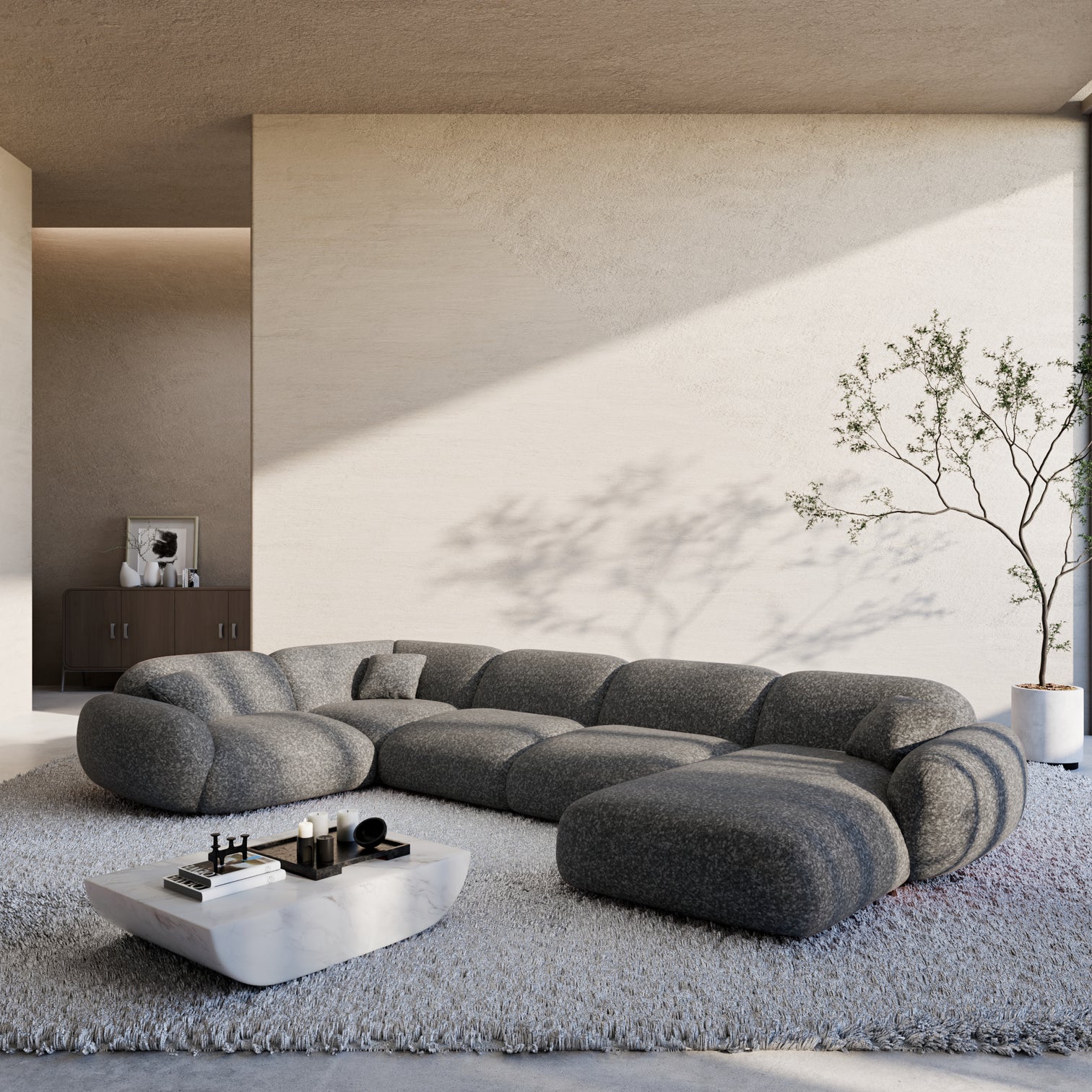 
6-Sitzer Design Panorama-Sofa „Alma XL“ mit Bouclé-Bezug - Bouclé Graphit / Lange Seite links
