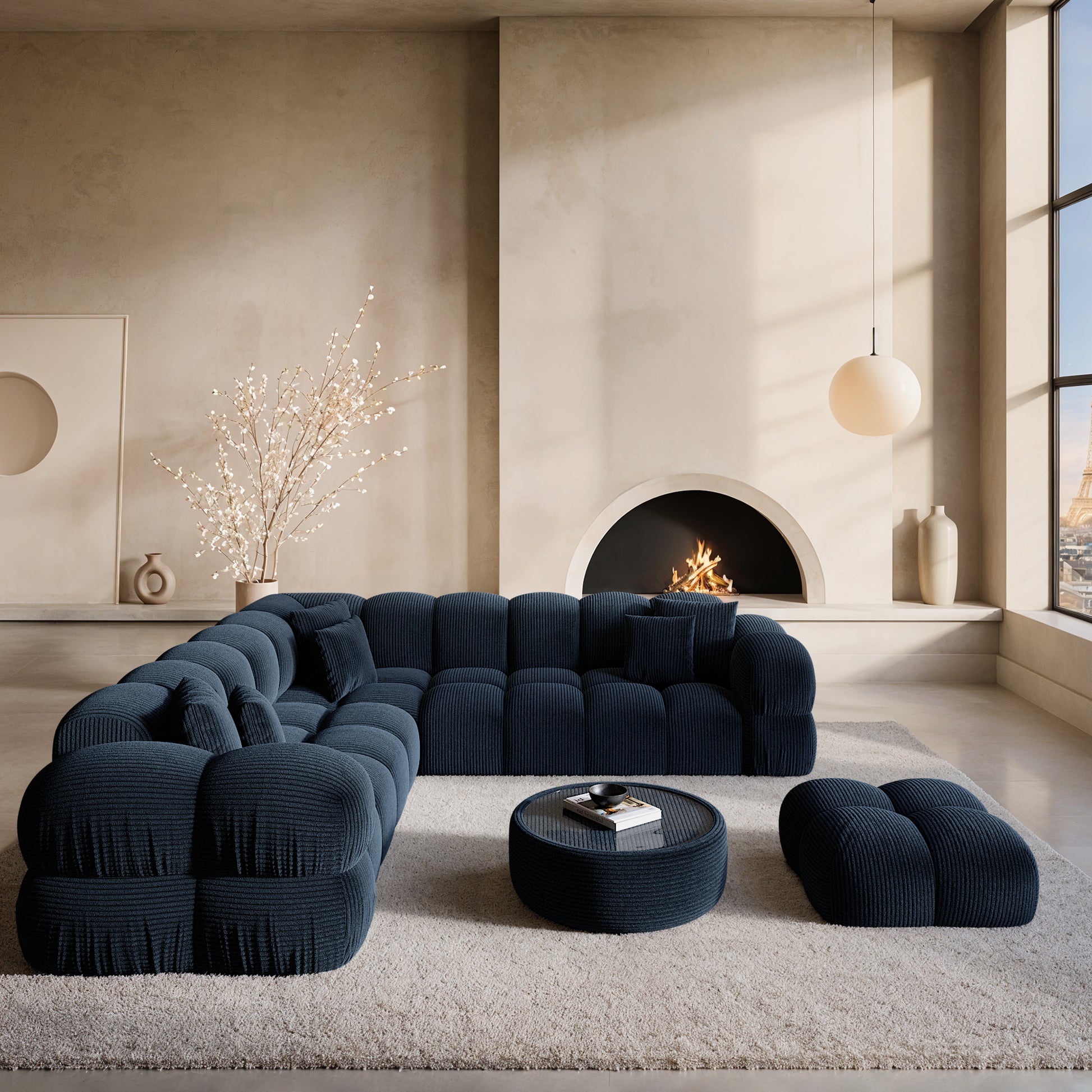 
5-Sitzer Design Ecksofa „Varello“, Cordsamt - Cordsamt Dunkelblau