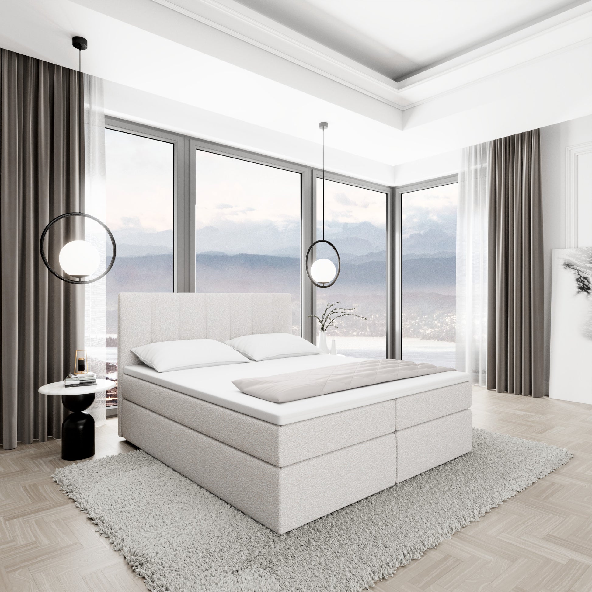 
Design Boxspringbett „Saudade“ mit Ablagefach, Bouclé Weiss - 140 x 200 cm