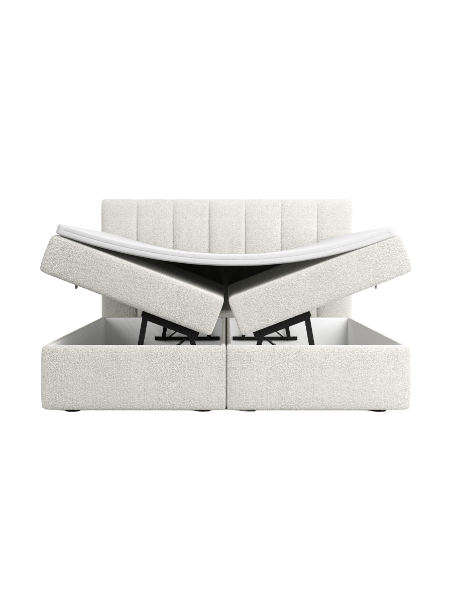 
Design Boxspringbett „Saudade“ mit Ablagefach, Bouclé Weiss - 140 x 200 cm