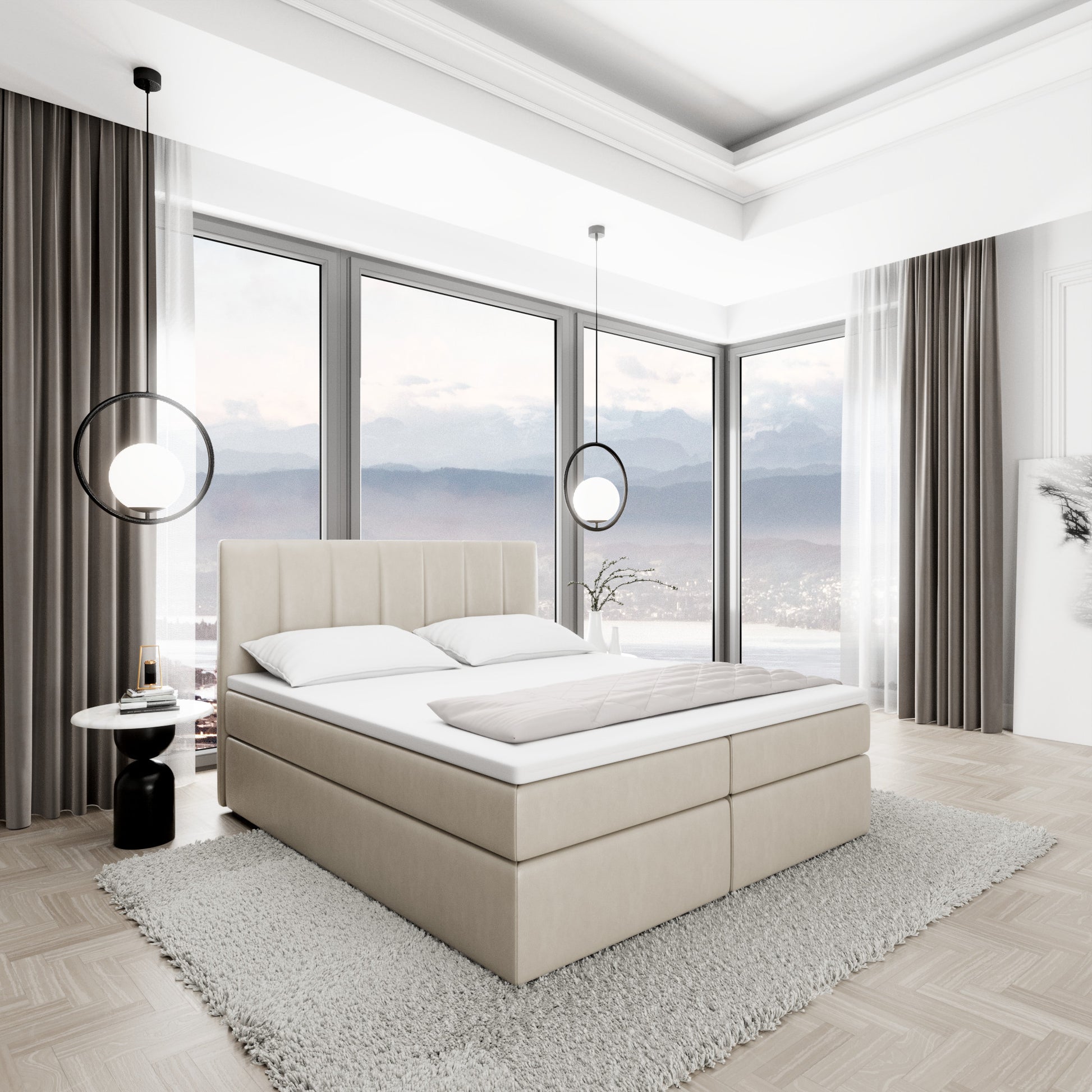 
Design Boxspringbett „Saudade“ mit Ablagefach, Kunstleder Beige - 140 x 200 cm