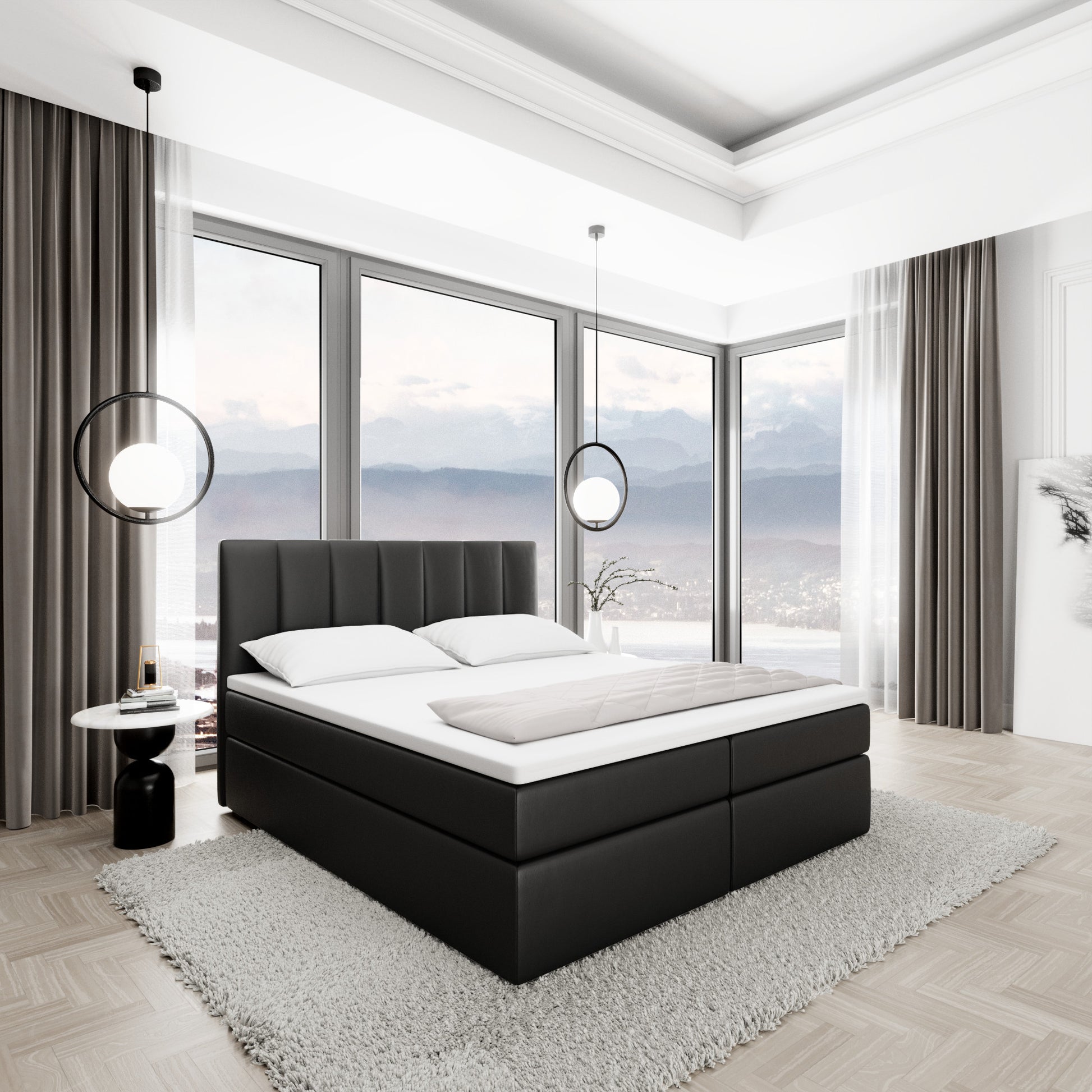 
Design Boxspringbett „Saudade“ mit Ablagefach, Kunstleder Schwarz - 140 x 200 cm