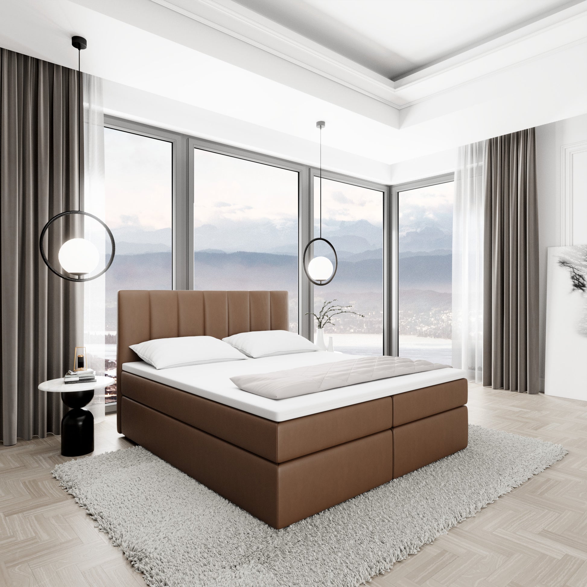 
Design Boxspringbett „Saudade“ mit Ablagefach, Kunstleder Choco Brown - 140 x 200 cm