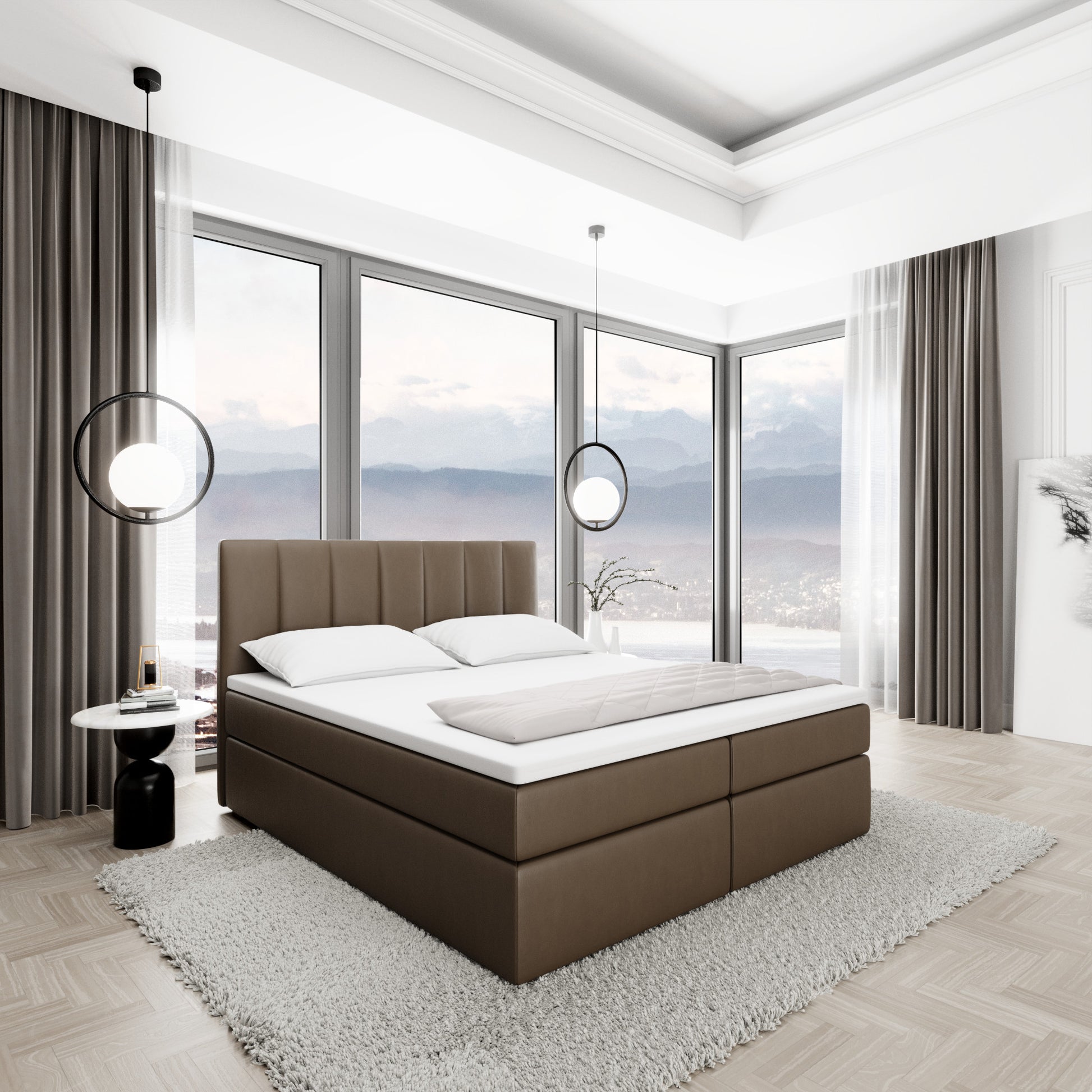 
Design Boxspringbett „Saudade“ mit Ablagefach, Kunstleder Dunkelbraun - 140 x 200 cm