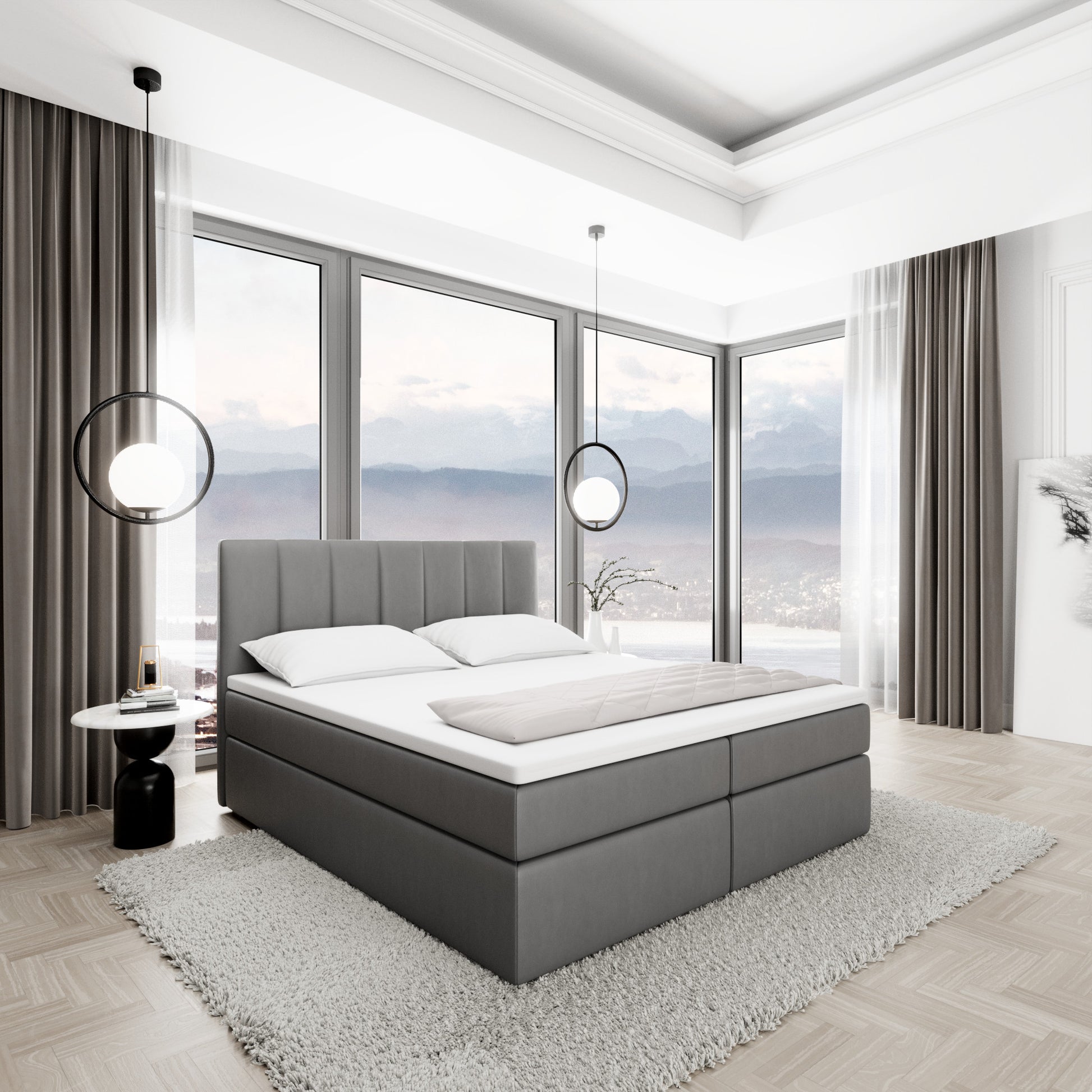 
Design Boxspringbett „Saudade“ mit Ablagefach, Kunstleder Grau - 140 x 200 cm