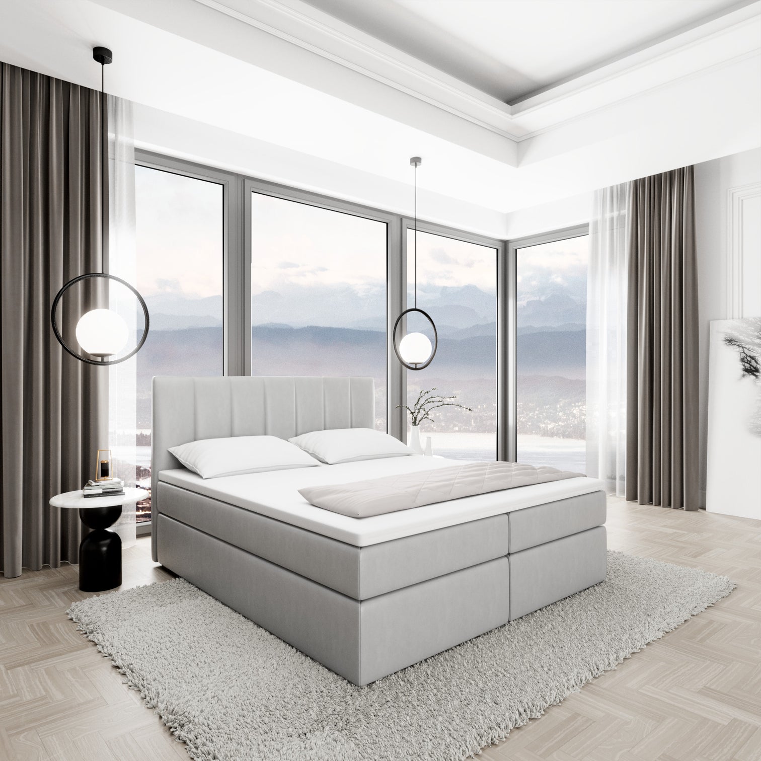 
Lit boxspring design « Saudade » avec compartiment de rangement, simili cuir gris clair - 140 x 200 cm