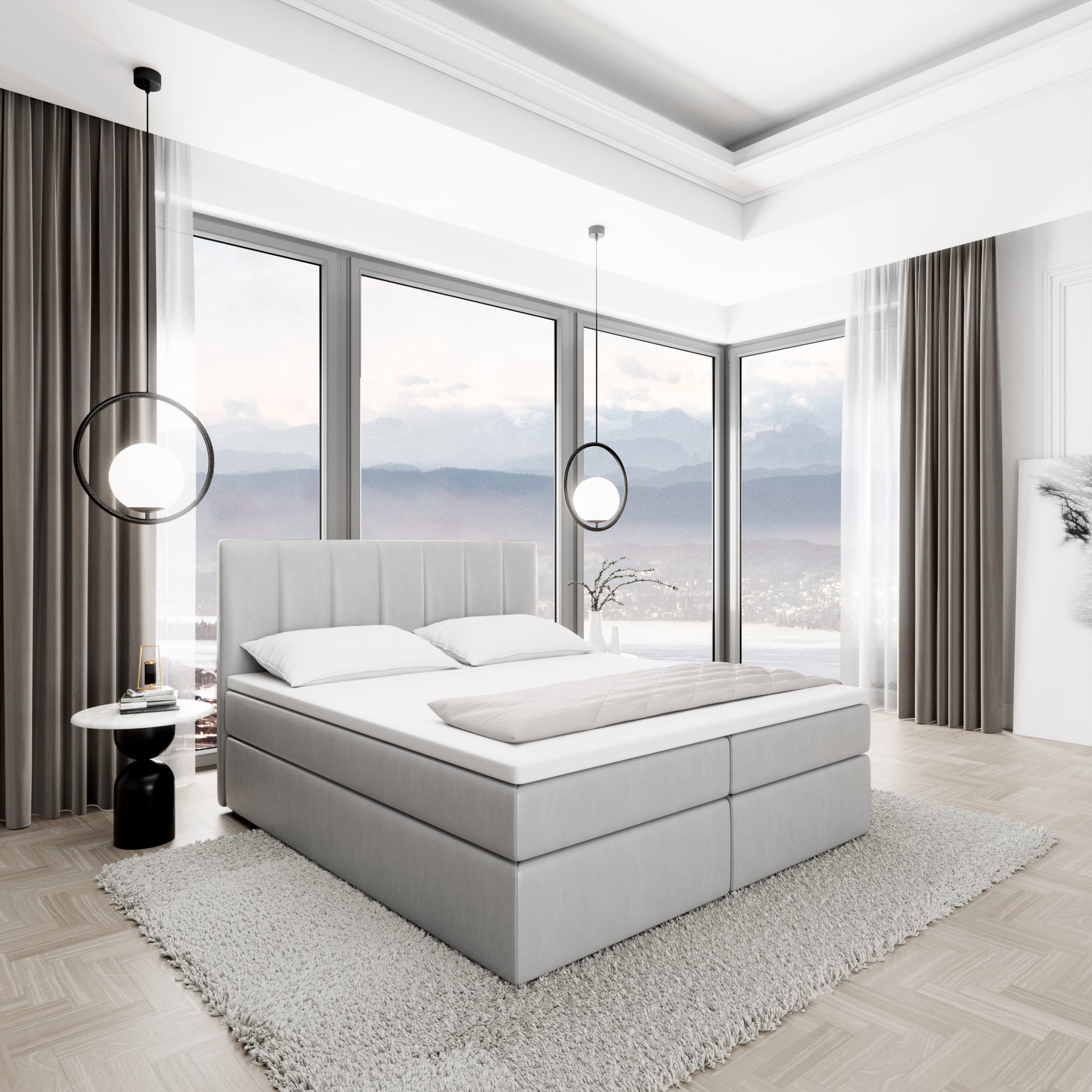 
Design Boxspringbett „Saudade“ mit Ablagefach, Kunstleder Hellgrau - 140 x 200 cm