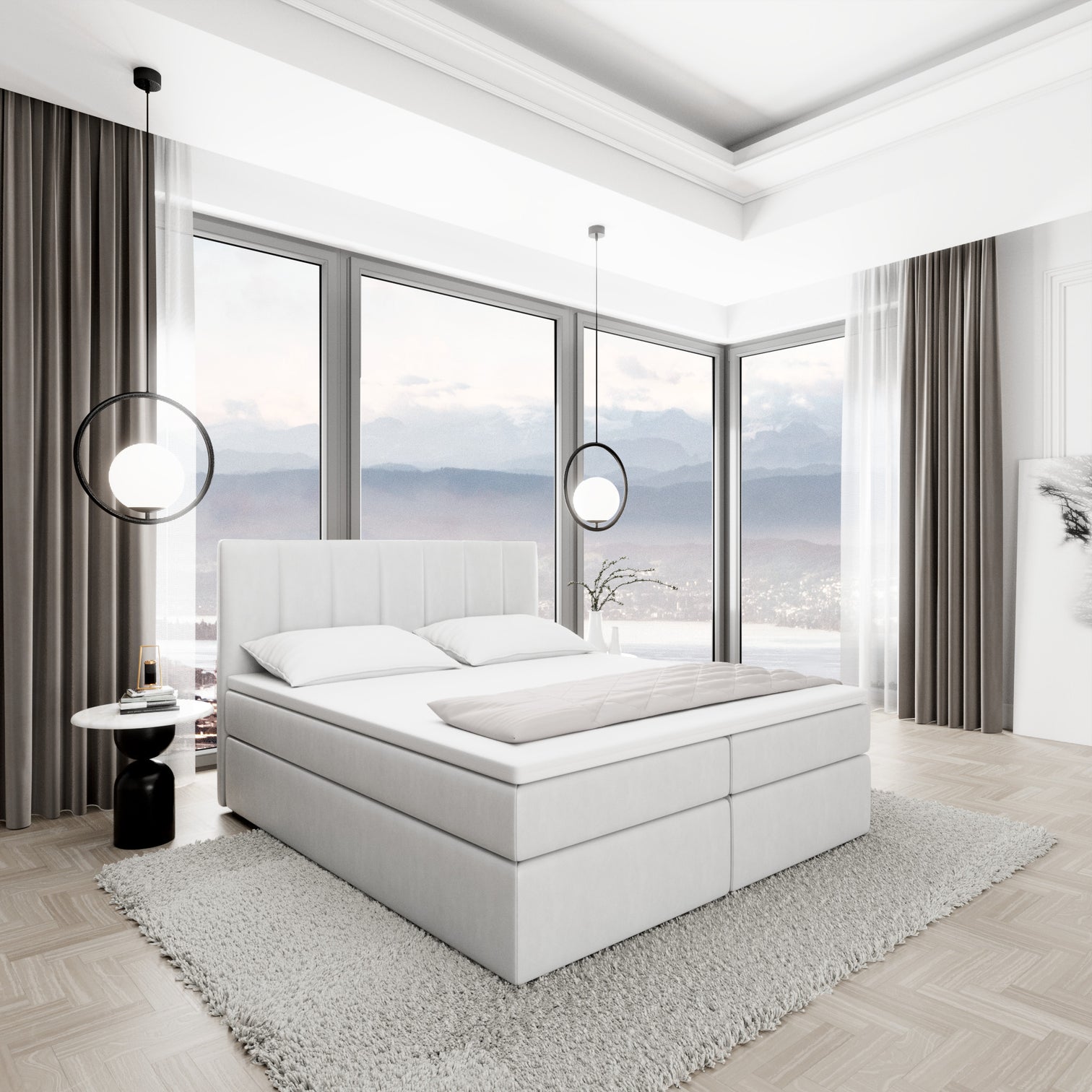 
Lit boxspring design « Saudade » avec compartiment de rangement, simili cuir blanc - 140 x 200 cm