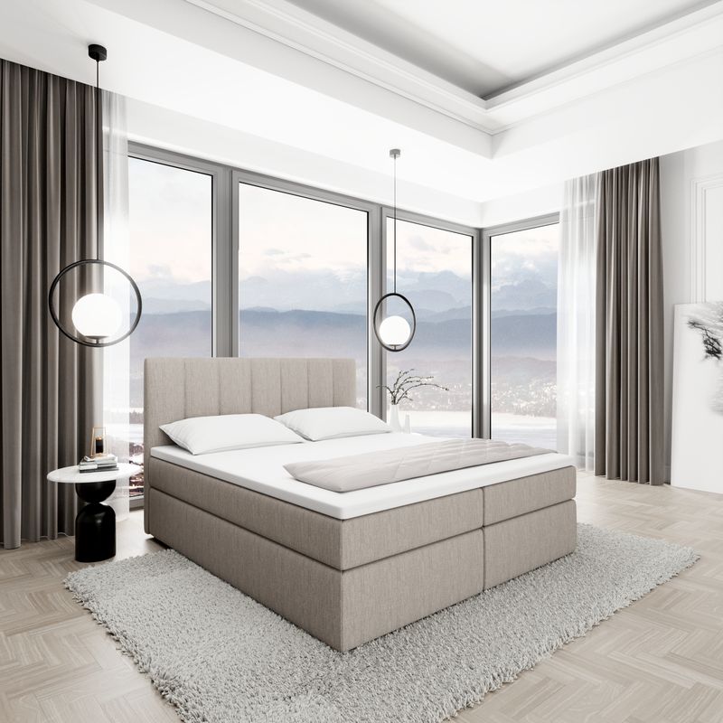 
Lit boxspring design « Saudade » avec compartiment de rangement, tissu beige - 140 x 200 cm