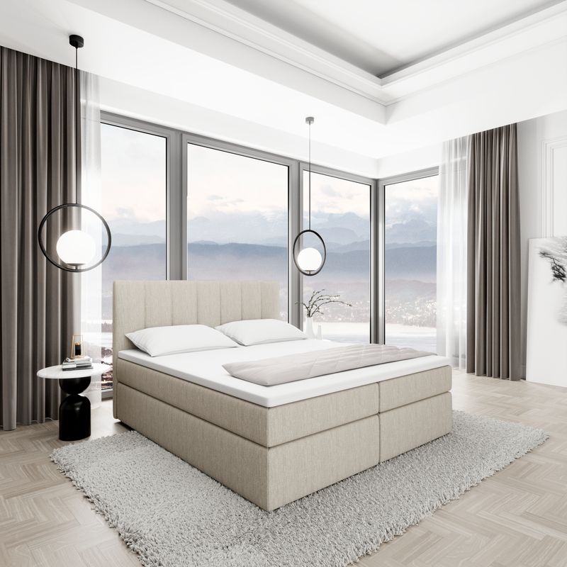 
Lit boxspring design « Saudade » avec compartiment de rangement, tissu bouclé crème - 140 x 200 cm