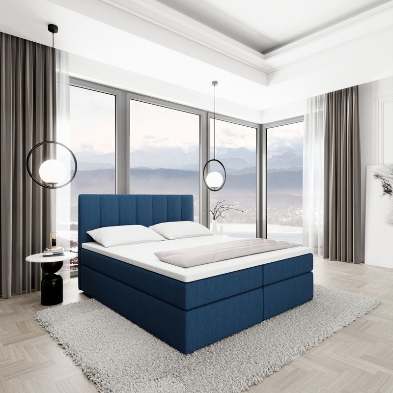 
Lit boxspring design « Saudade » avec compartiment de rangement, tissu bouclé bleu foncé - 140 x 200 cm