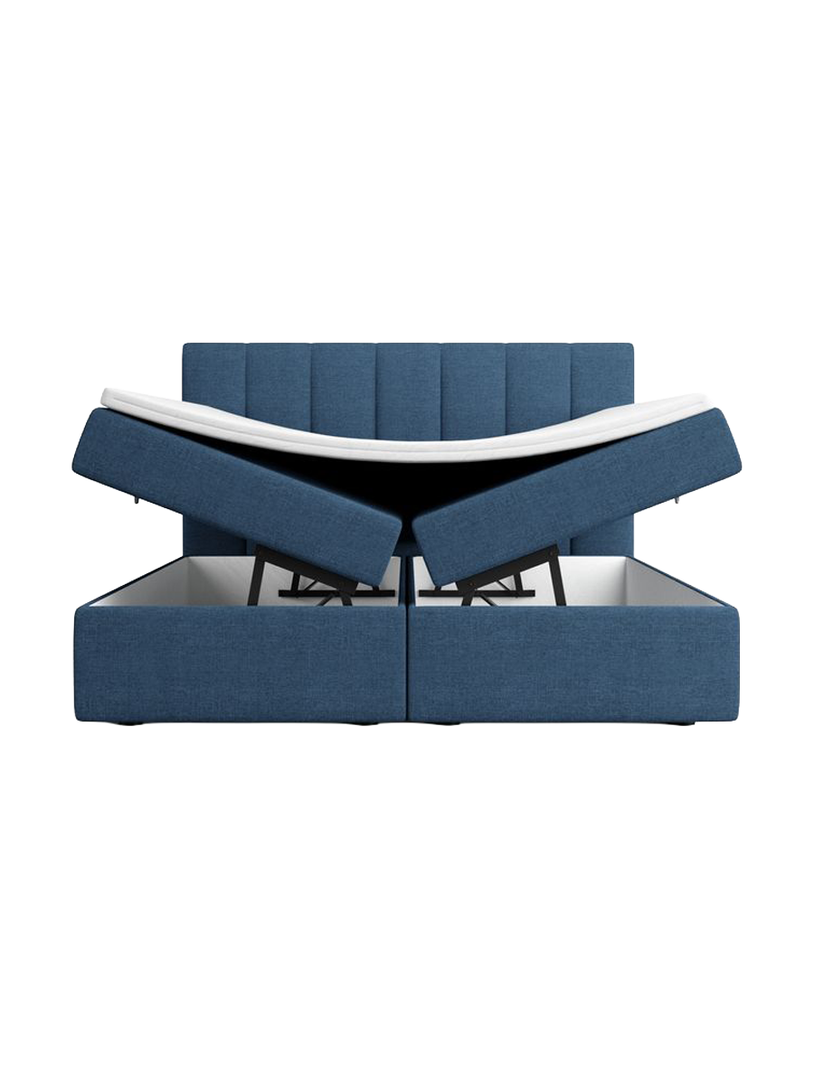 
Lit boxspring design « Saudade » avec compartiment de rangement, tissu bouclé bleu foncé - 140 x 200 cm