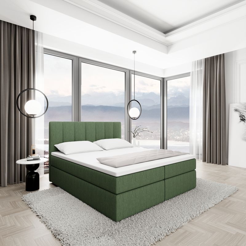 
Lit boxspring design « Saudade » avec compartiment de rangement, tissu bouclé vert - 140 x 200 cm