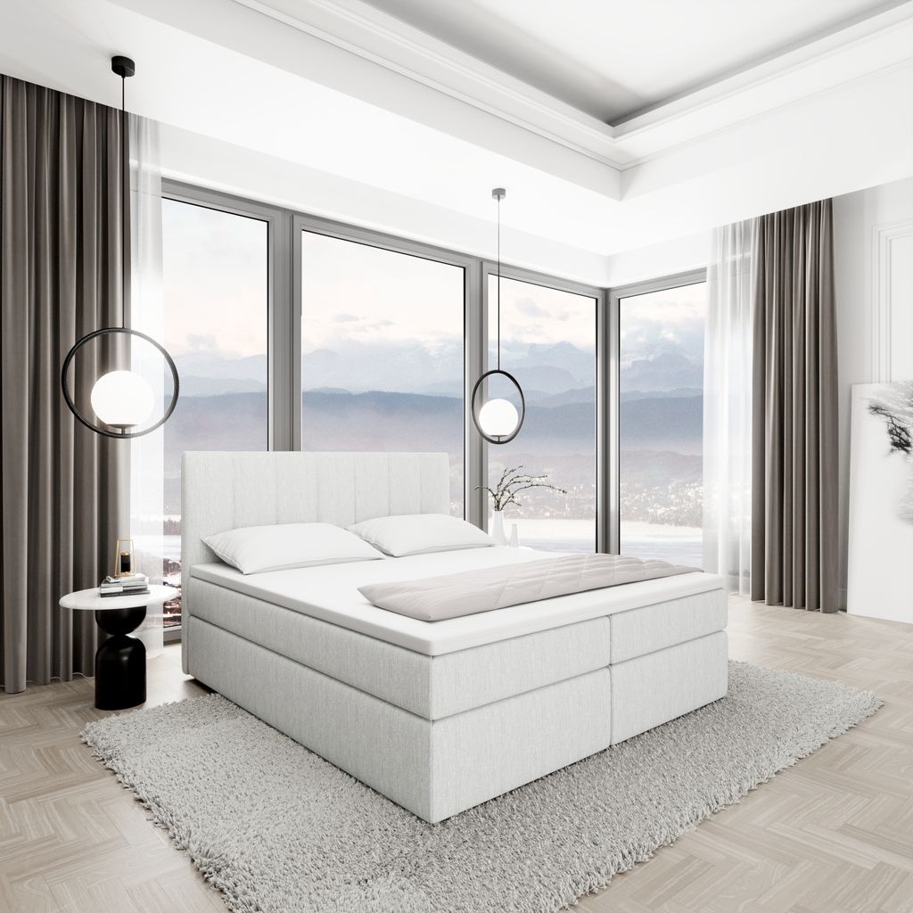 
Lit boxspring design « Saudade » avec compartiment de rangement, tissu bouclé blanc - 140 x 200 cm
