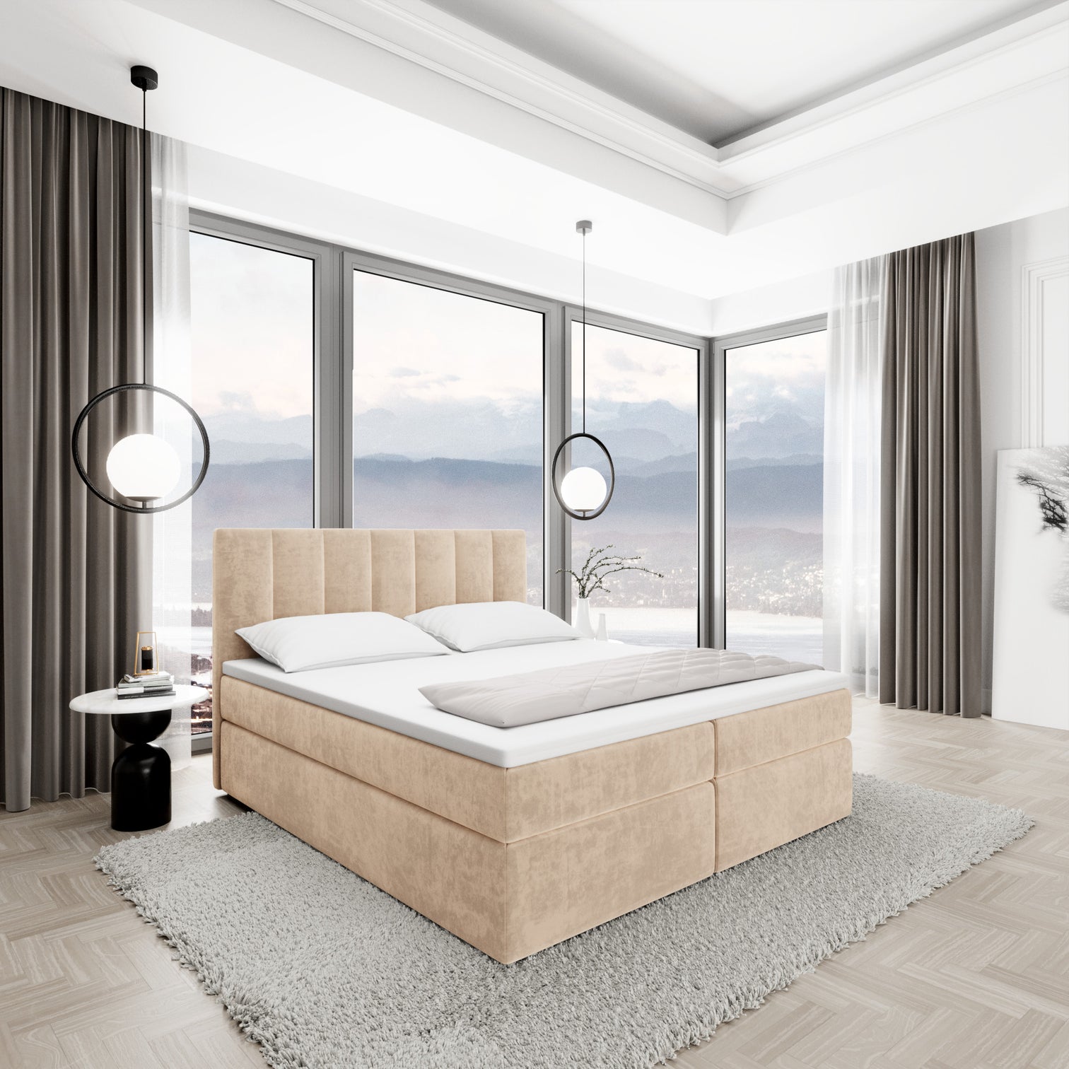 
Lit boxspring design « Saudade » avec compartiment de rangement, velours beige - 140 x 200 cm