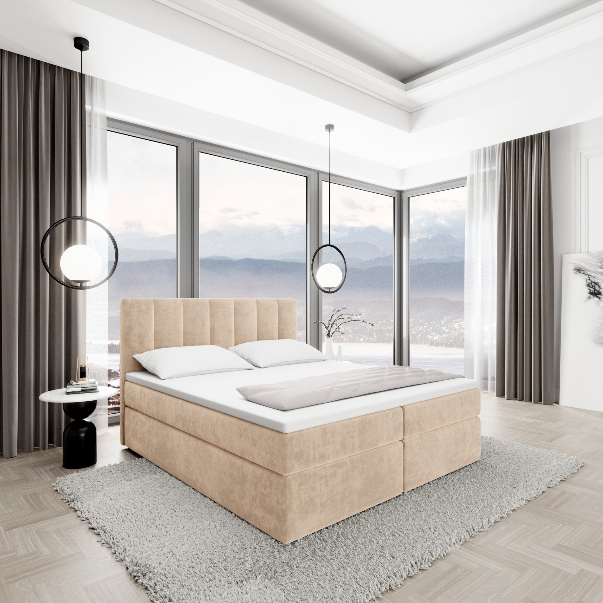 
Design Boxspringbett „Saudade“ mit Ablagefach, Samt Beige - 140 x 200 cm
