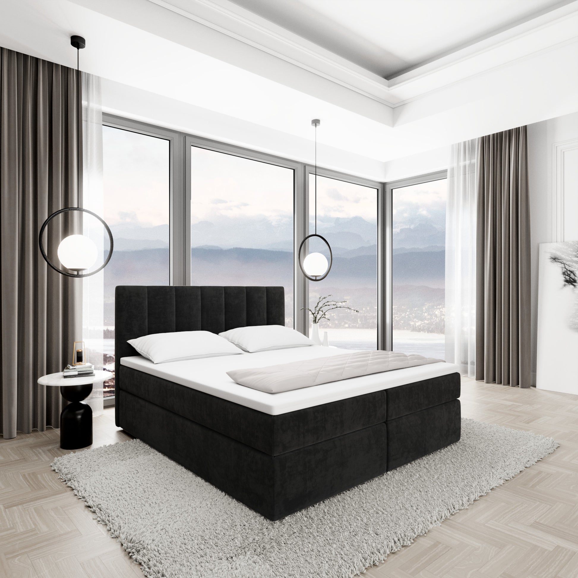 
Design Boxspringbett „Saudade“ mit Ablagefach, Samt Schwarz - 140 x 200 cm