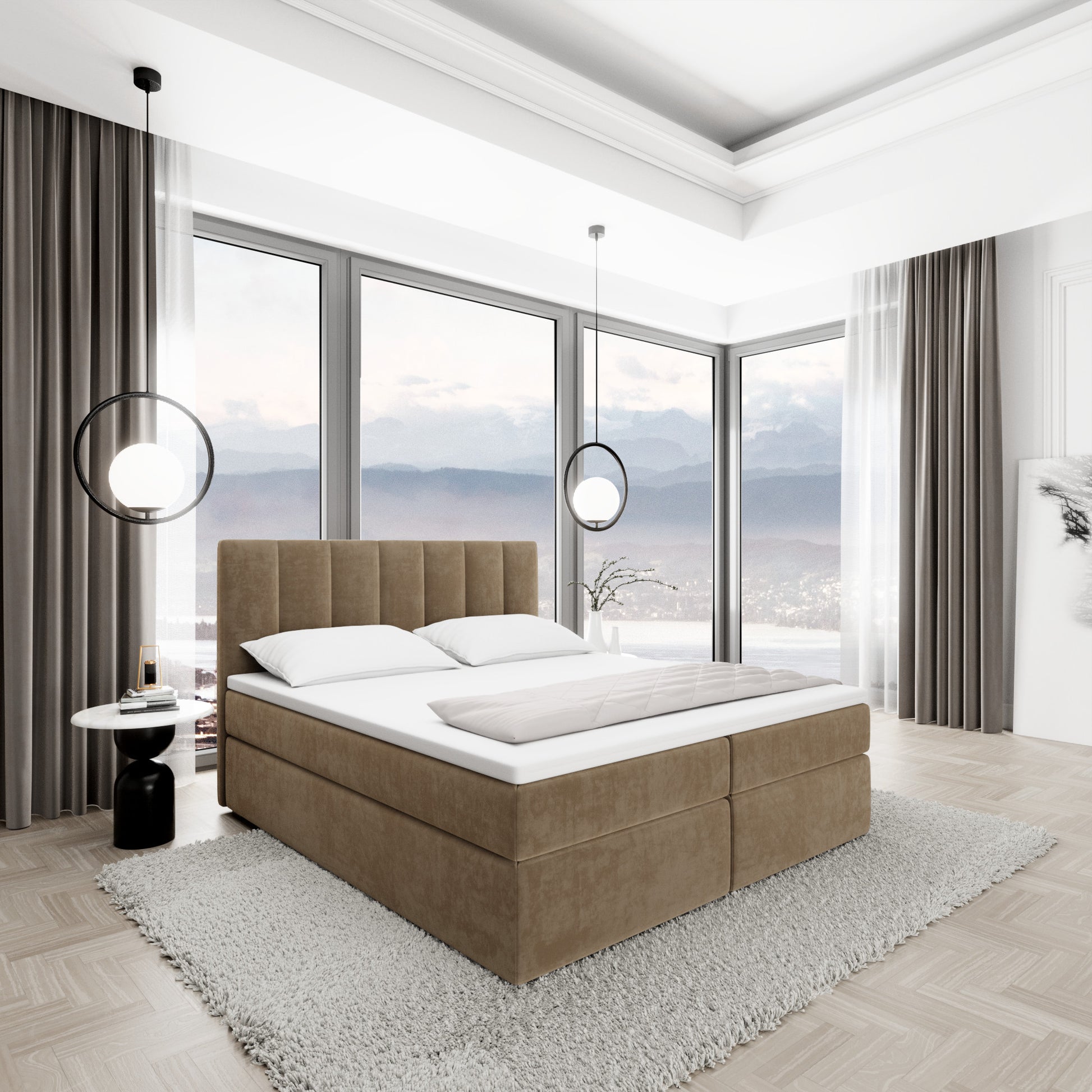 
Design Boxspringbett „Saudade“ mit Ablagefach, Samt Braun - 140 x 200 cm