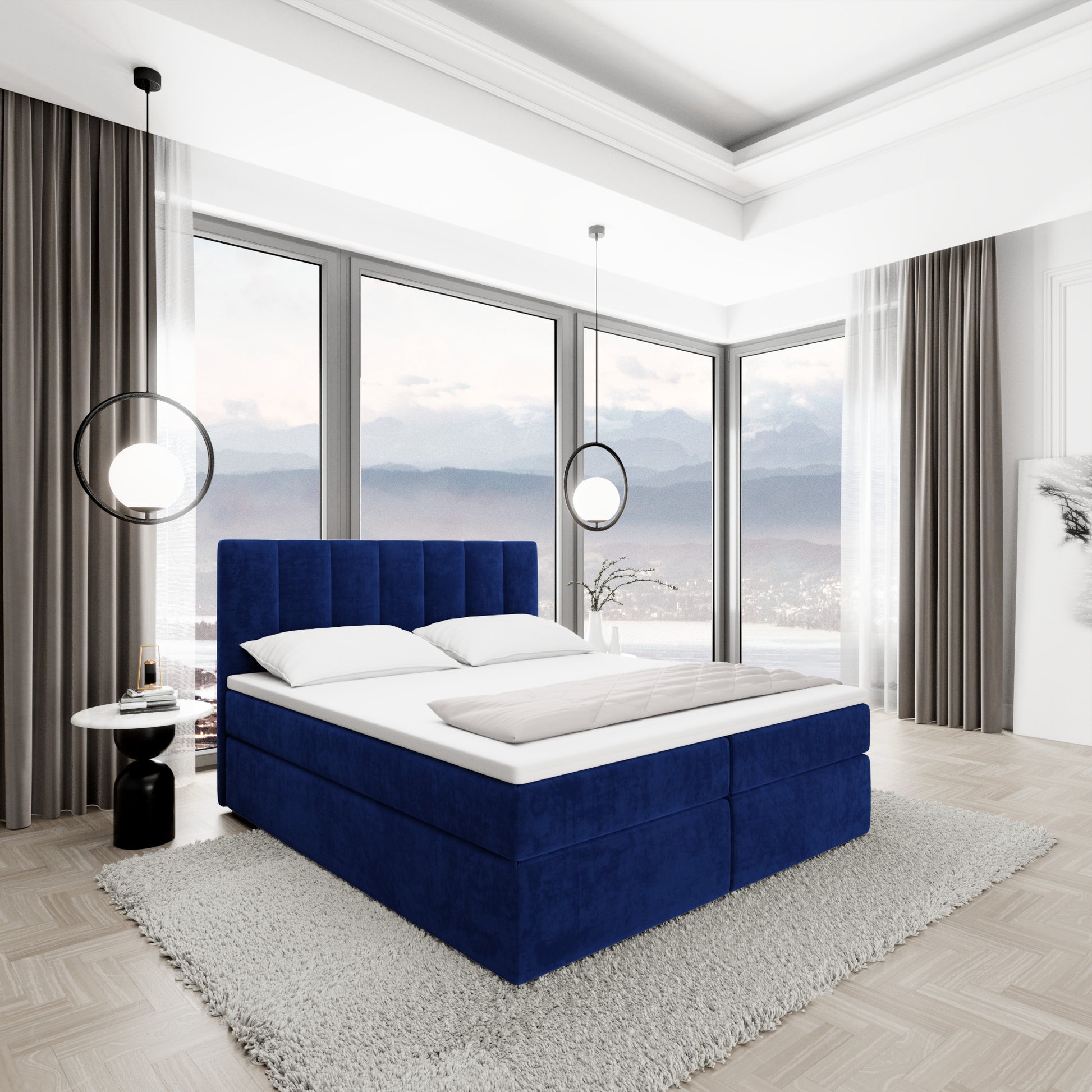 
Design Boxspringbett „Saudade“ mit Ablagefach, Samt Blau - 140 x 200 cm