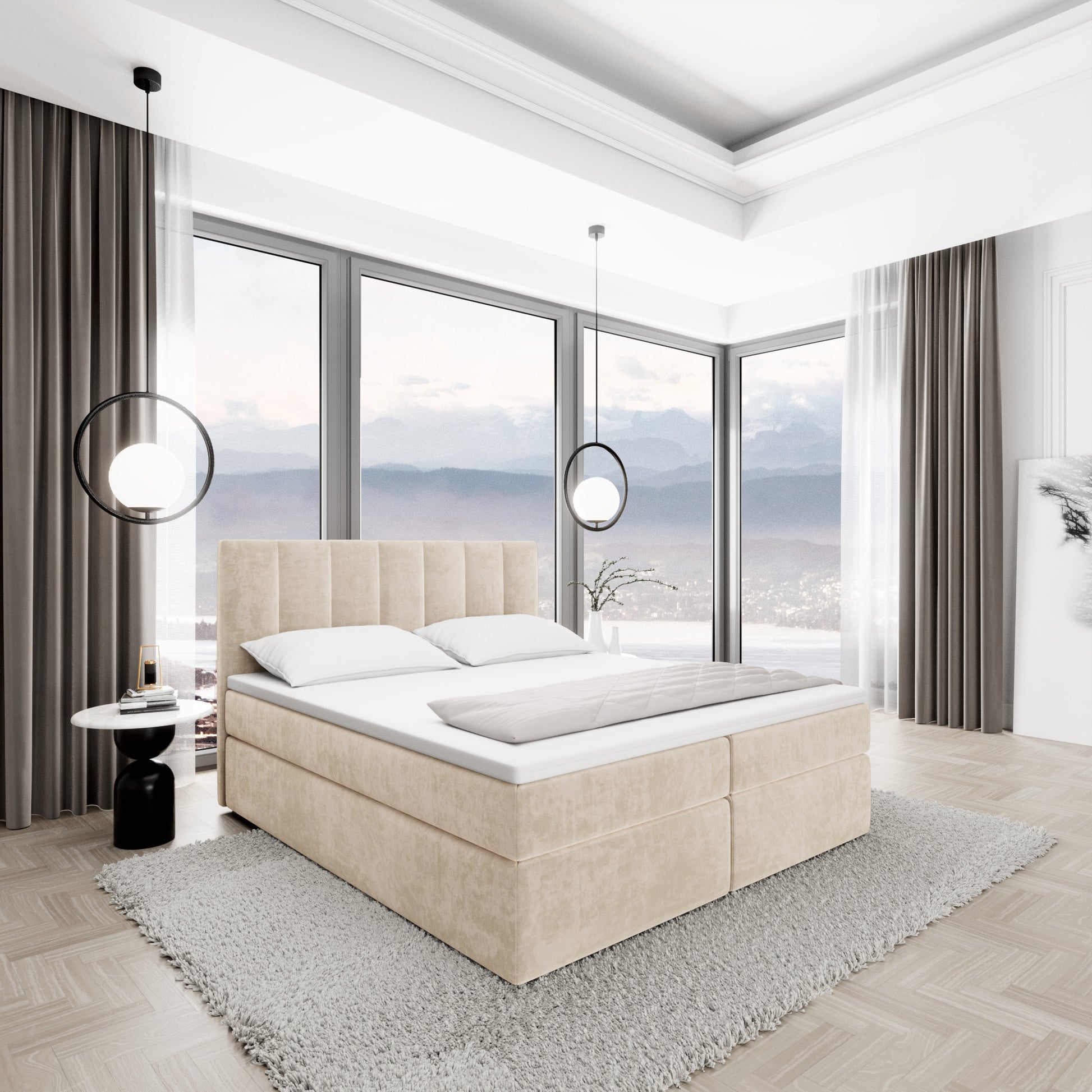
Design Boxspringbett „Saudade“ mit Ablagefach, Samt Cream - 140 x 200 cm