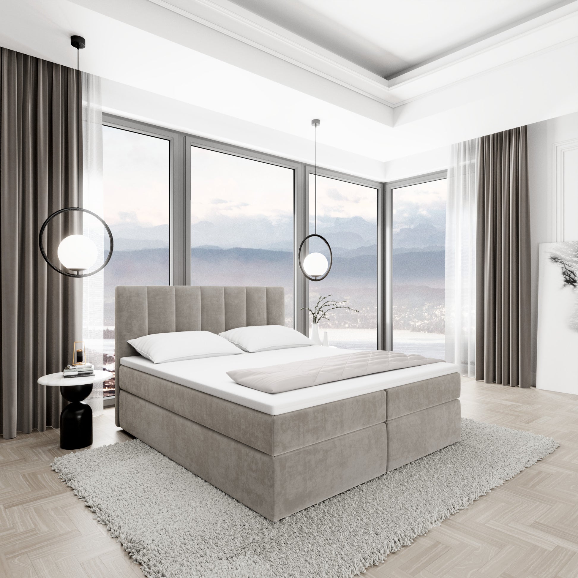 
Design Boxspringbett „Saudade“ mit Ablagefach, Samt Beige dunkel - 140 x 200 cm