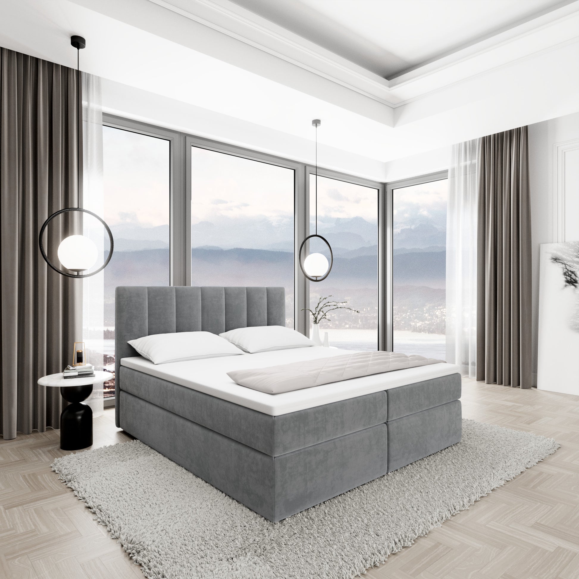 
Design Boxspringbett „Saudade“ mit Ablagefach, Samt Grau - 140 x 200 cm