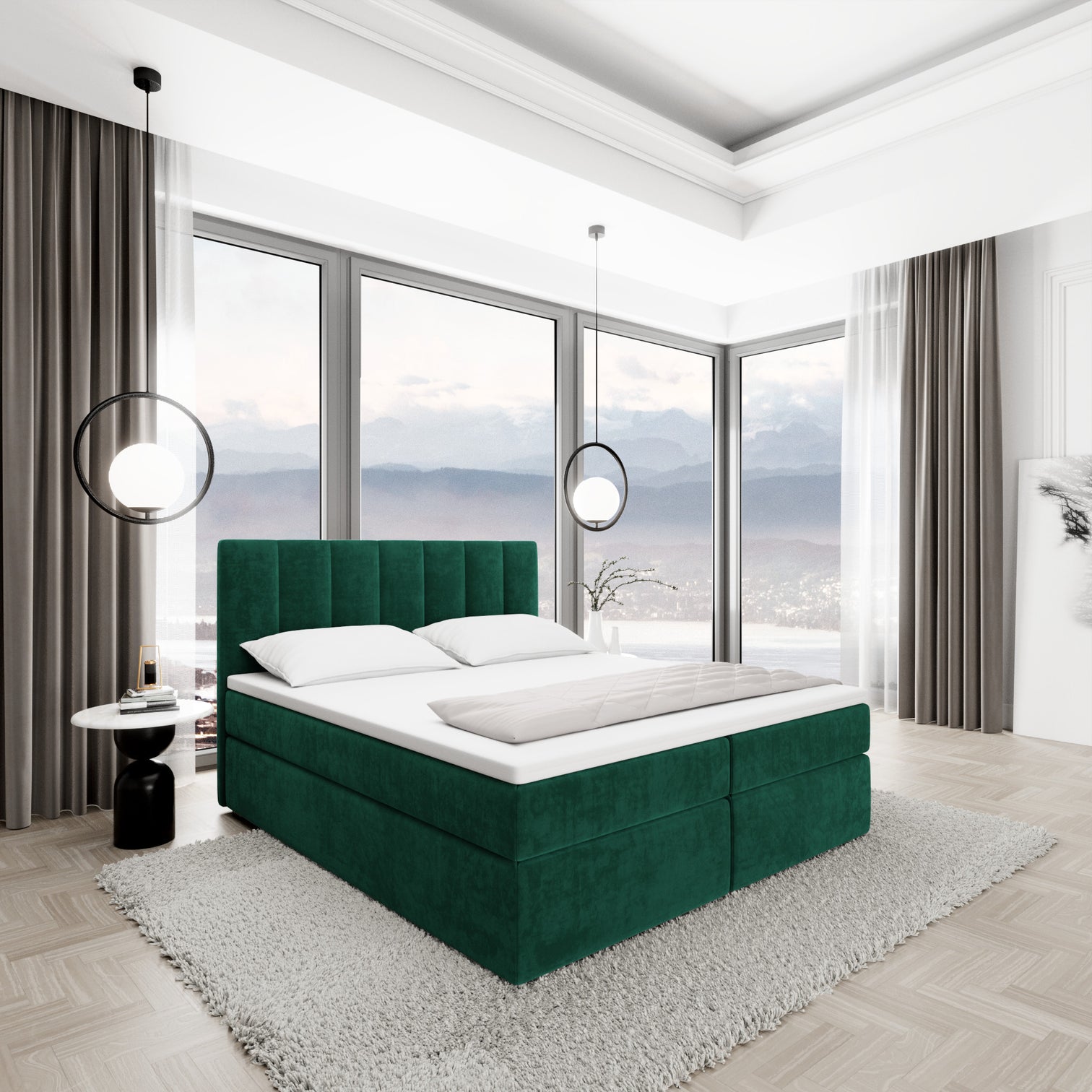 
Lit boxspring design « Saudade » avec compartiment de rangement, velours vert - 140 x 200 cm