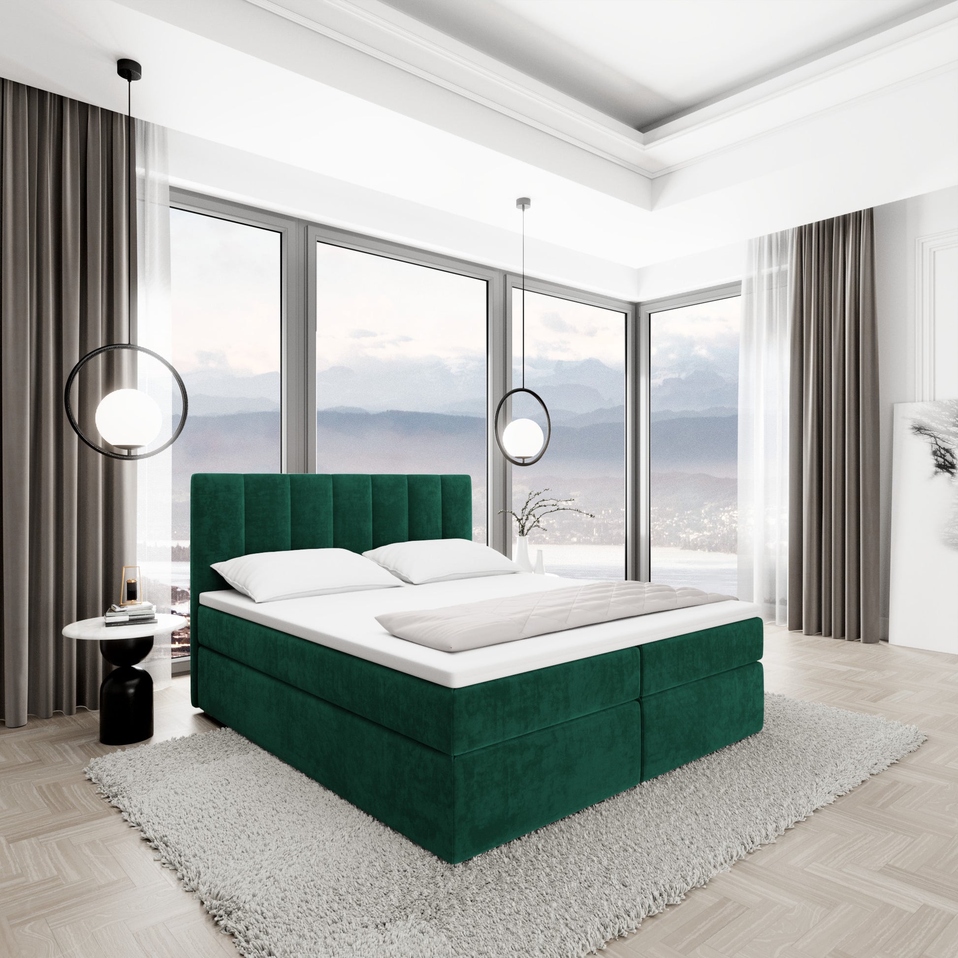 
Design Boxspringbett „Saudade“ mit Ablagefach, Samt Grün - 140 x 200 cm